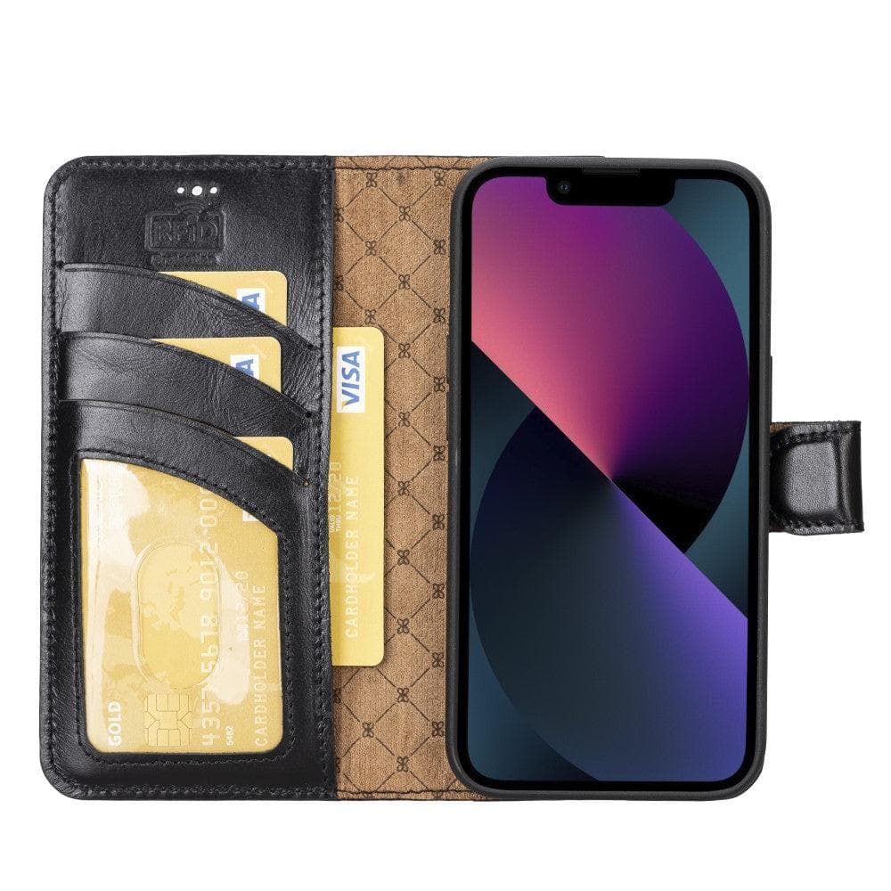 Bouletta iPhone 14 Series Detachable Leather Wallet Case in darker color, showcasing premium leather, card slots, and a kick-stand feature.