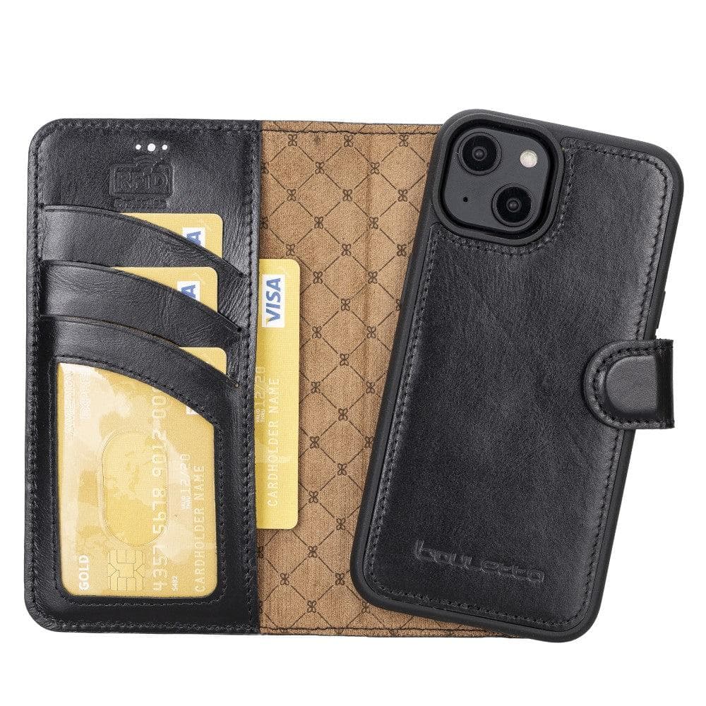 Bouletta iPhone 14 Series Detachable Leather Wallet Case in darker color, showcasing premium leather, card slots, and a kick-stand feature.