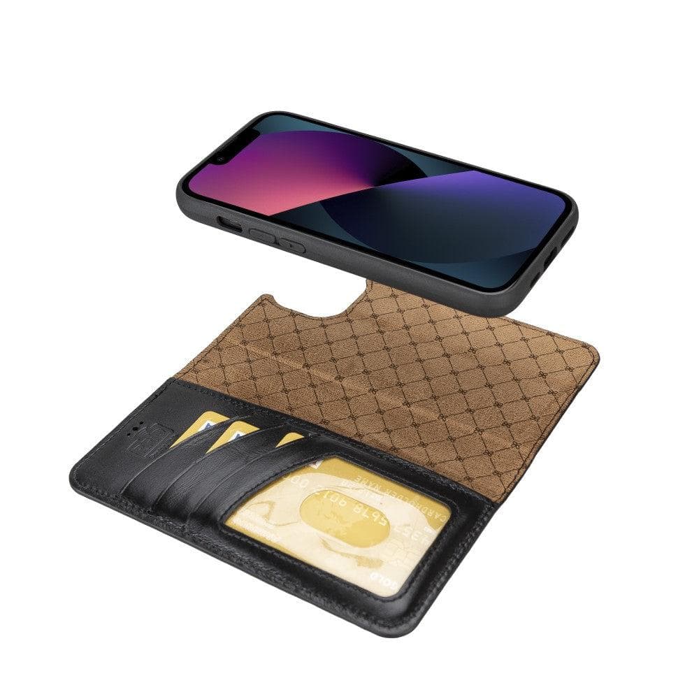 Bouletta iPhone 14 Series Detachable Leather Wallet Case in darker color, showcasing premium leather, card slots, and a kick-stand feature.