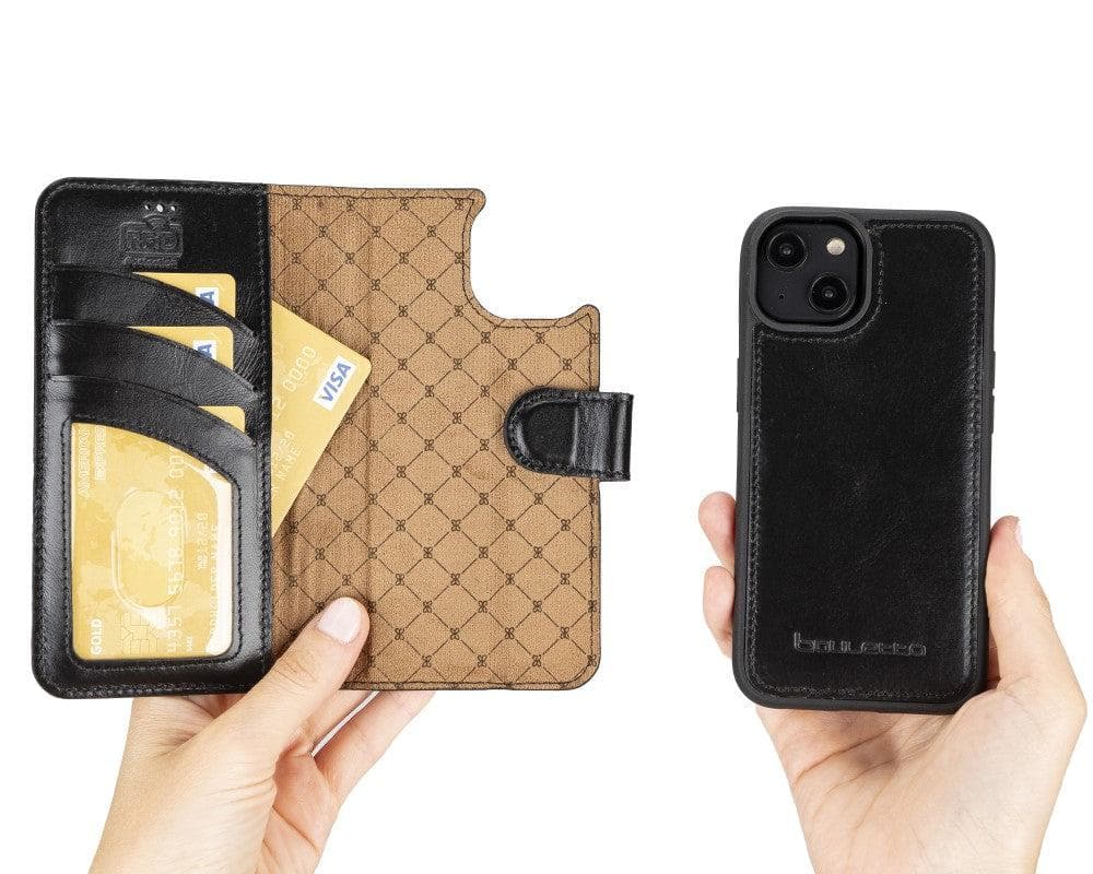 Bouletta iPhone 14 Series Detachable Leather Wallet Case in darker color, showcasing premium leather, card slots, and a kick-stand feature.