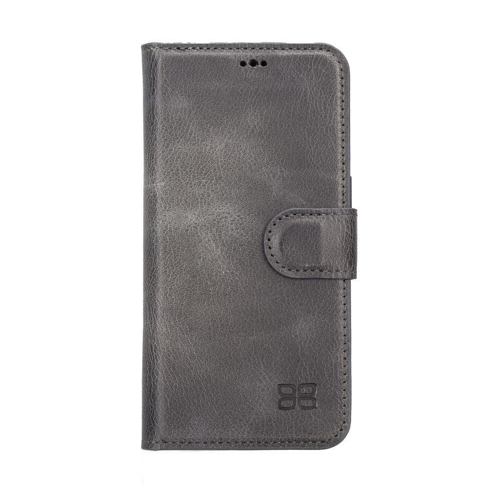 Bouletta iPhone 14 Series Detachable Leather Wallet Case in darker color, showcasing premium leather, card slots, and a kick-stand feature.