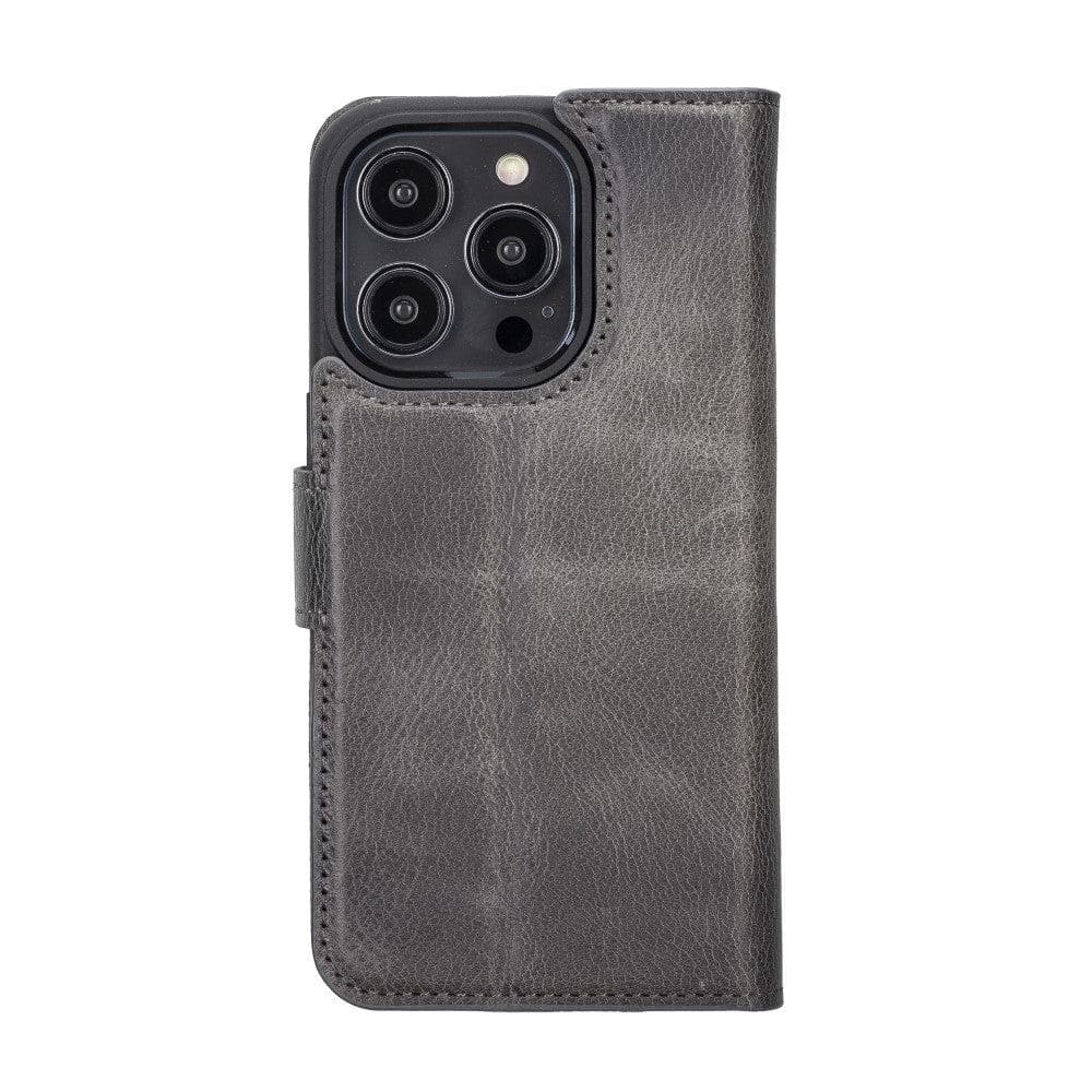 Bouletta iPhone 14 Series Detachable Leather Wallet Case in darker color, showcasing premium leather, card slots, and a kick-stand feature.