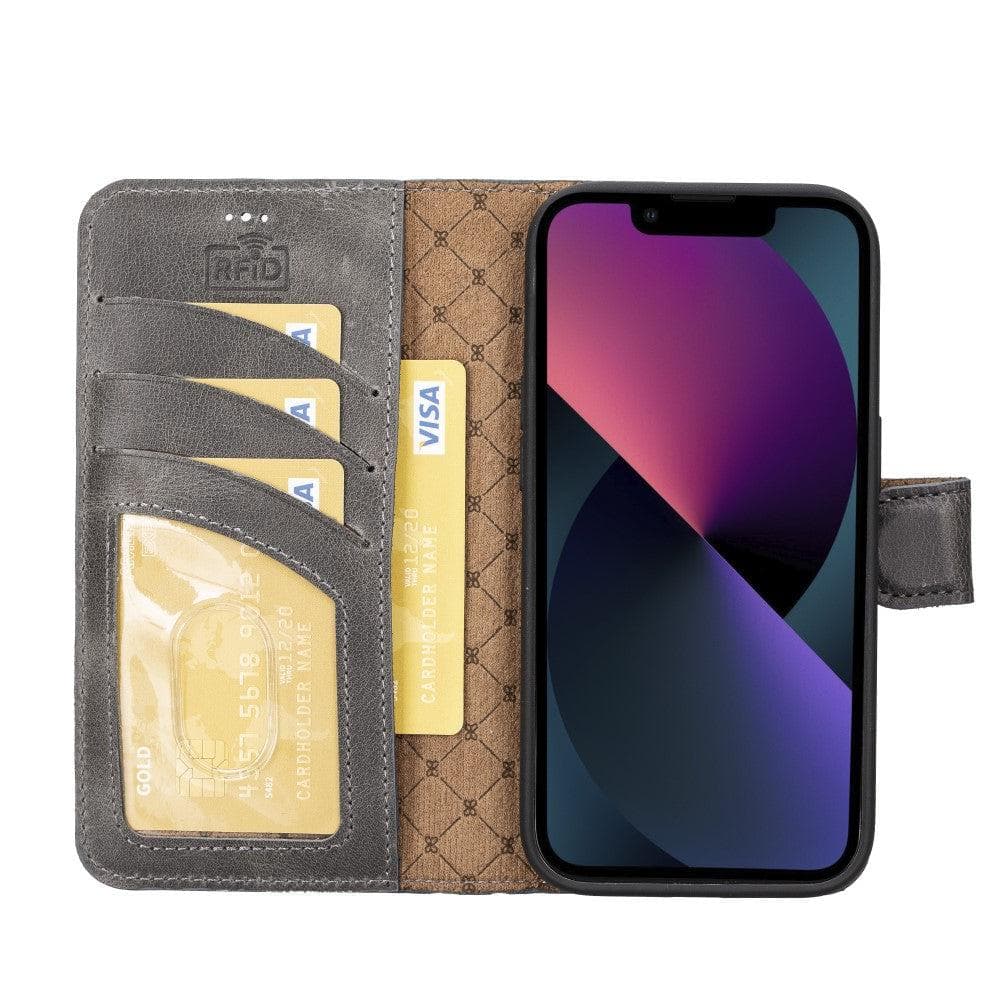 Bouletta iPhone 14 Series Detachable Leather Wallet Case in darker color, showcasing premium leather, card slots, and a kick-stand feature.