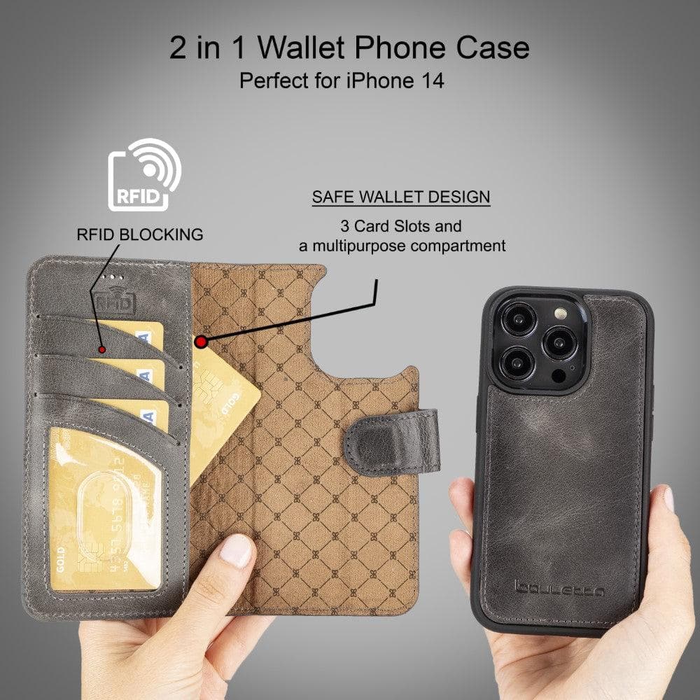 Bouletta iPhone 14 Series Detachable Leather Wallet Case in darker color, showcasing premium leather, card slots, and a kick-stand feature.