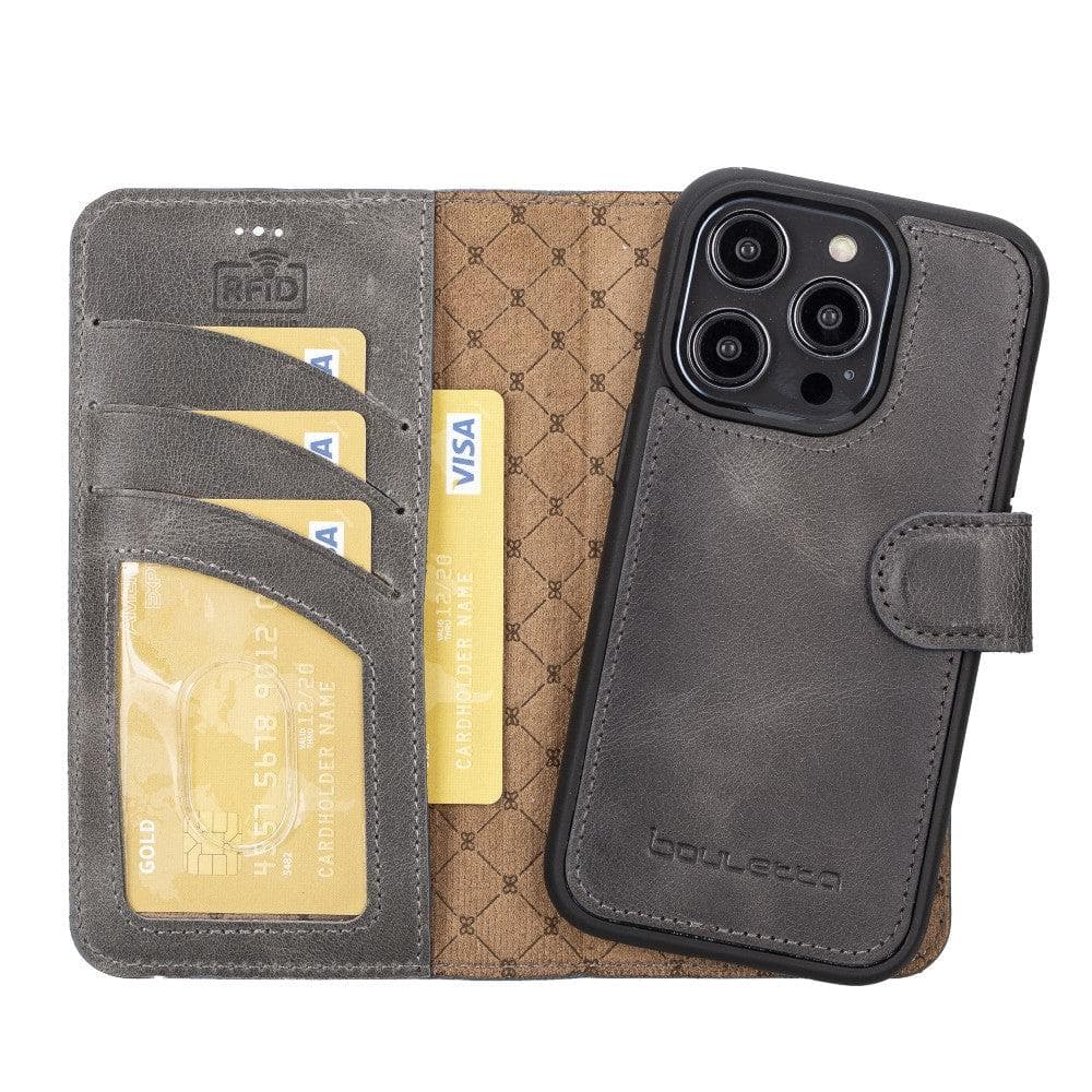 Bouletta iPhone 14 Series Detachable Leather Wallet Case in darker color, showcasing premium leather, card slots, and a kick-stand feature.