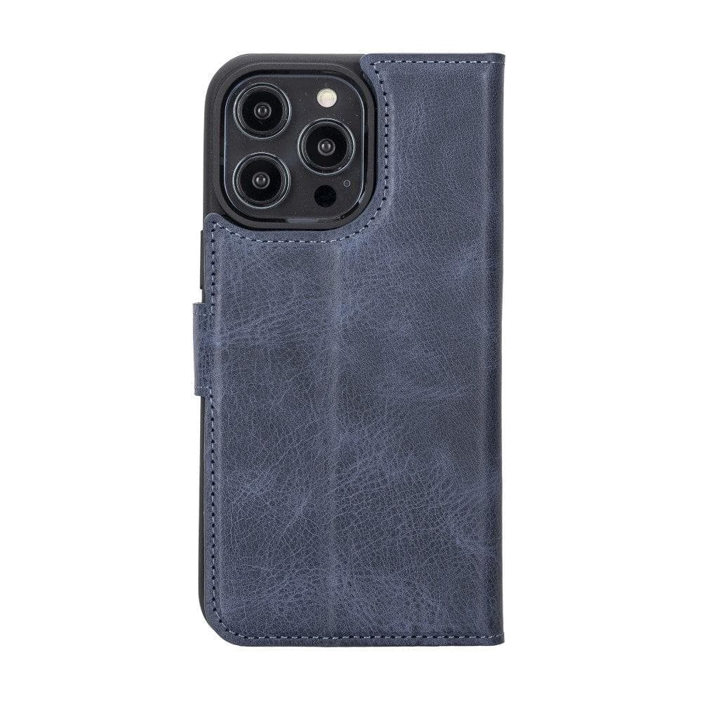 Bouletta iPhone 14 Series Detachable Leather Wallet Case in darker color, showcasing premium leather, card slots, and a kick-stand feature.