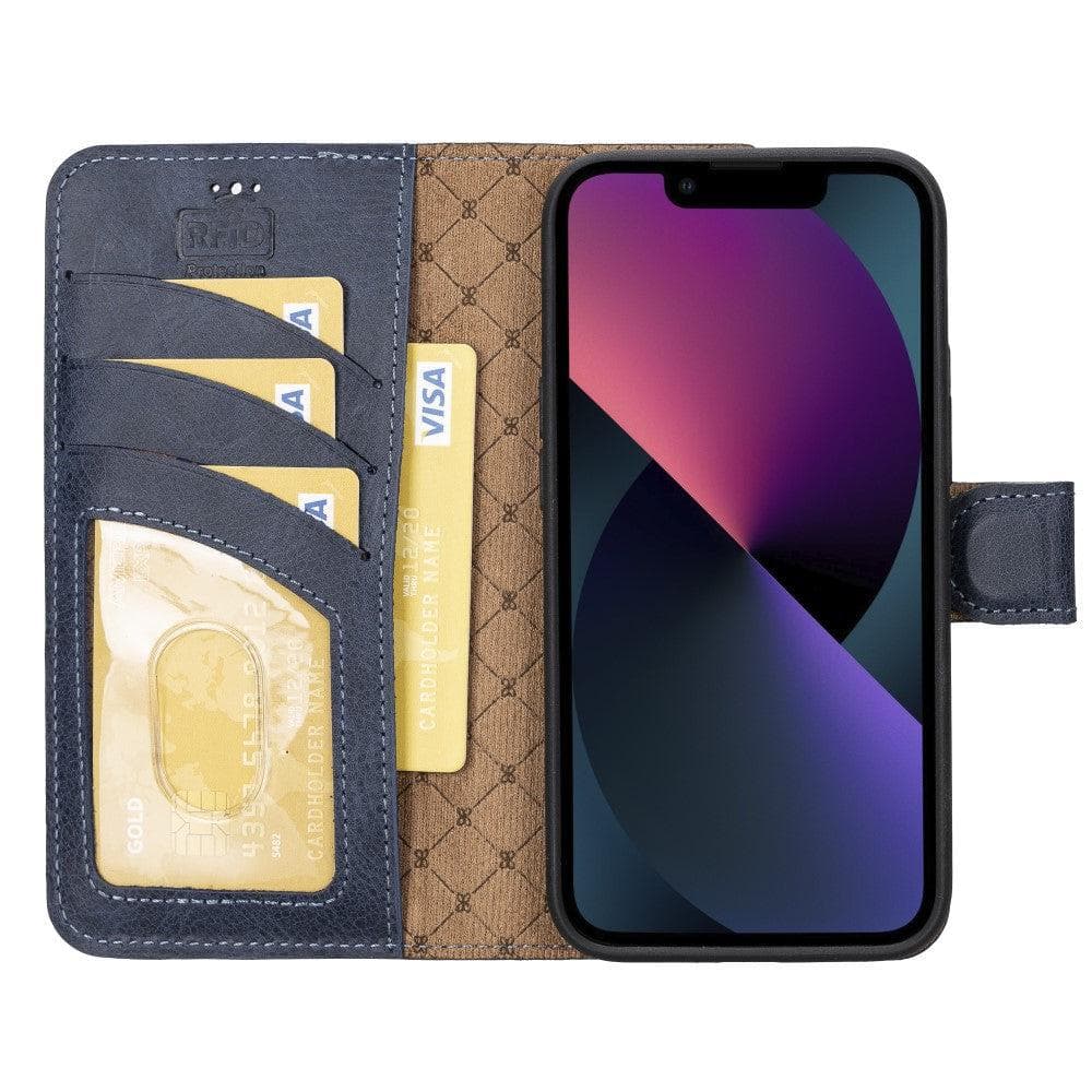 Bouletta iPhone 14 Series Detachable Leather Wallet Case in darker color, showcasing premium leather, card slots, and a kick-stand feature.