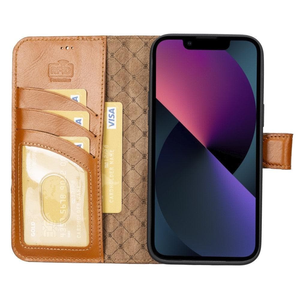 Bouletta iPhone 14 Series Detachable Leather Wallet Case in darker color, showcasing premium leather, card slots, and a kick-stand feature.