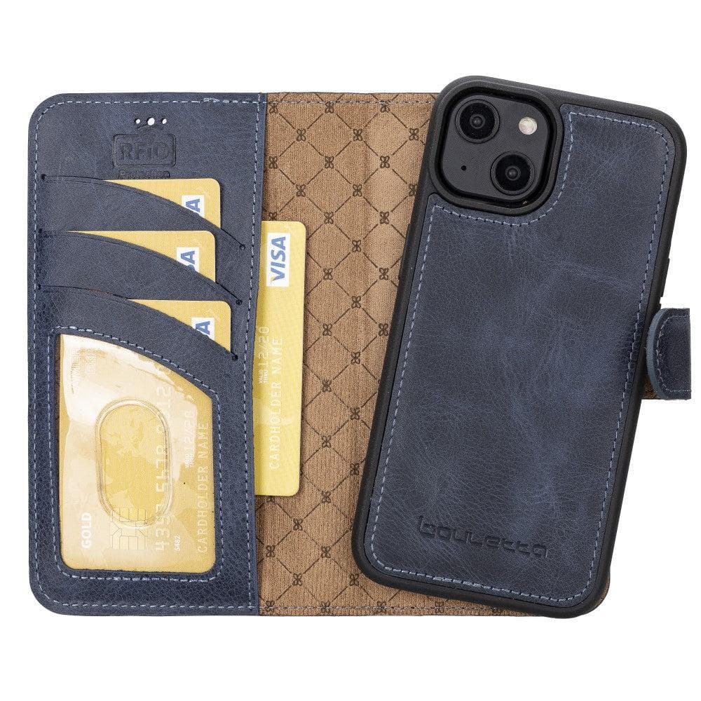 Bouletta iPhone 14 Series Detachable Leather Wallet Case in darker color, showcasing premium leather, card slots, and a kick-stand feature.