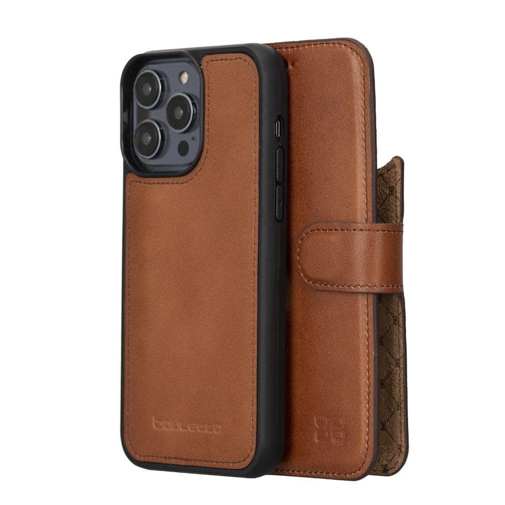 Bouletta iPhone 14 Series Detachable Leather Wallet Case in darker color, showcasing premium leather, card slots, and a kick-stand feature.