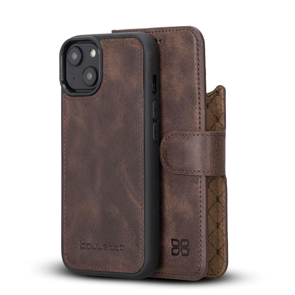 Bouletta iPhone 14 Series Detachable Leather Wallet Case in darker color, showcasing premium leather, card slots, and a kick-stand feature.