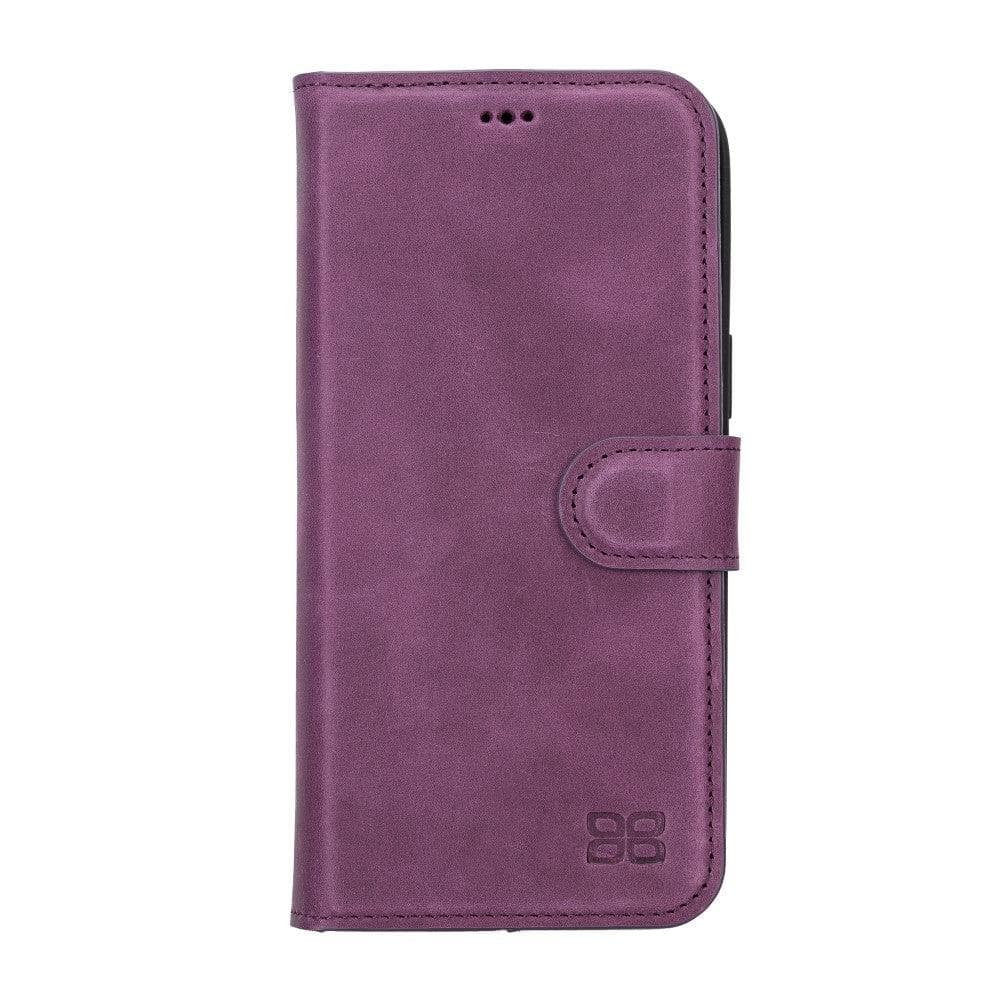 Bouletta iPhone 14 Series Detachable Leather Wallet Case in darker color, showcasing premium leather, card slots, and a kick-stand feature.