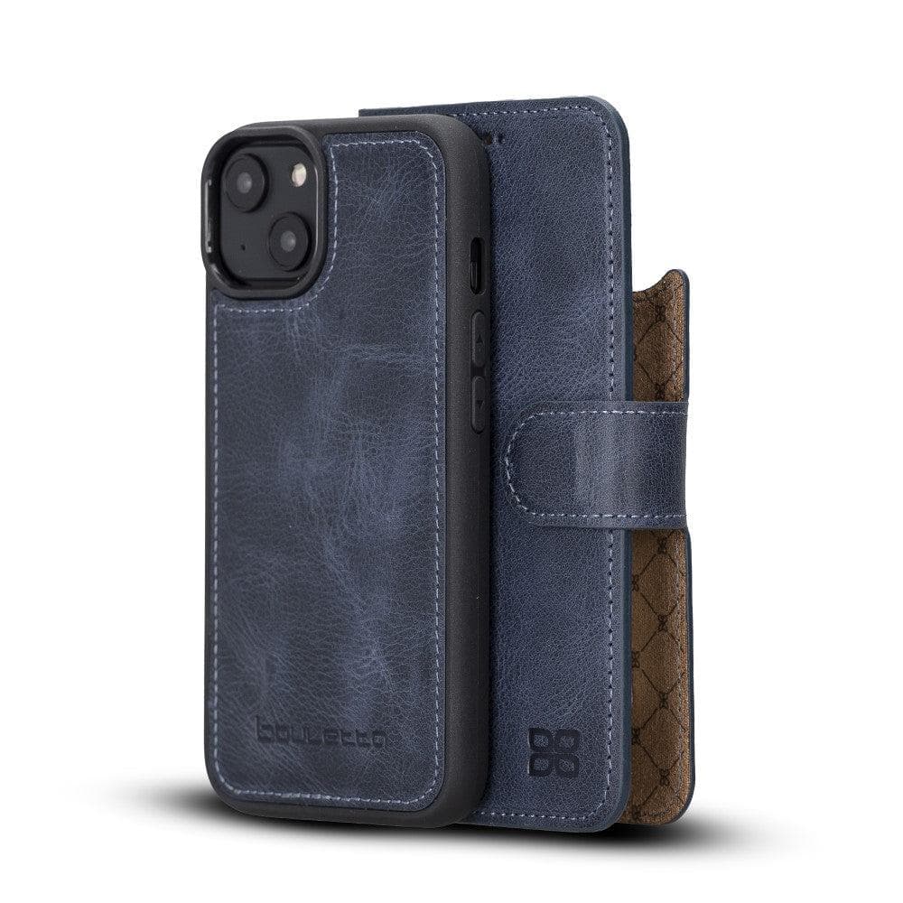 Bouletta iPhone 14 Series Detachable Leather Wallet Case in darker color, showcasing premium leather, card slots, and a kick-stand feature.