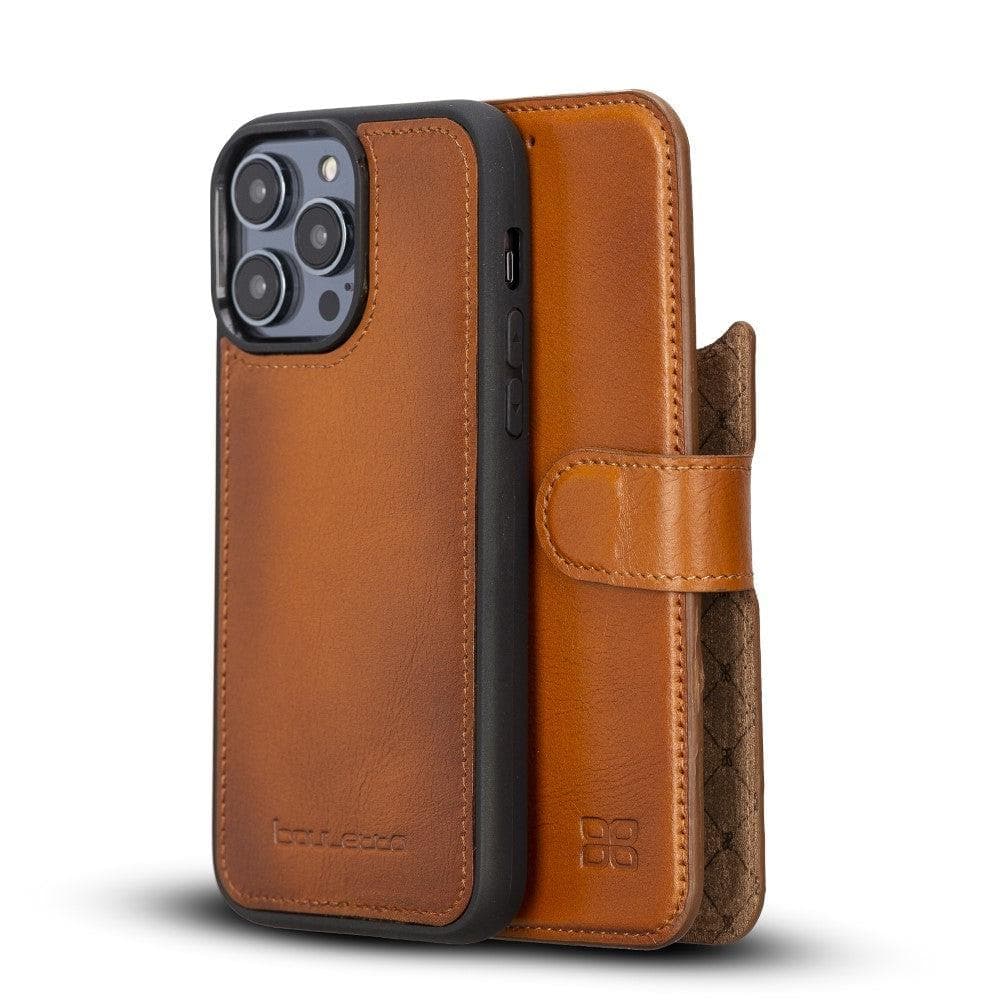 Bouletta iPhone 14 Series Detachable Leather Wallet Case in darker color, showcasing premium leather, card slots, and a kick-stand feature.