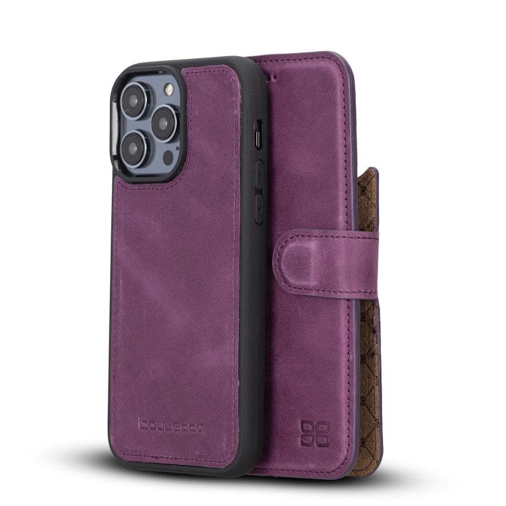 Bouletta iPhone 14 Series Detachable Leather Wallet Case in darker color, showcasing premium leather, card slots, and a kick-stand feature.