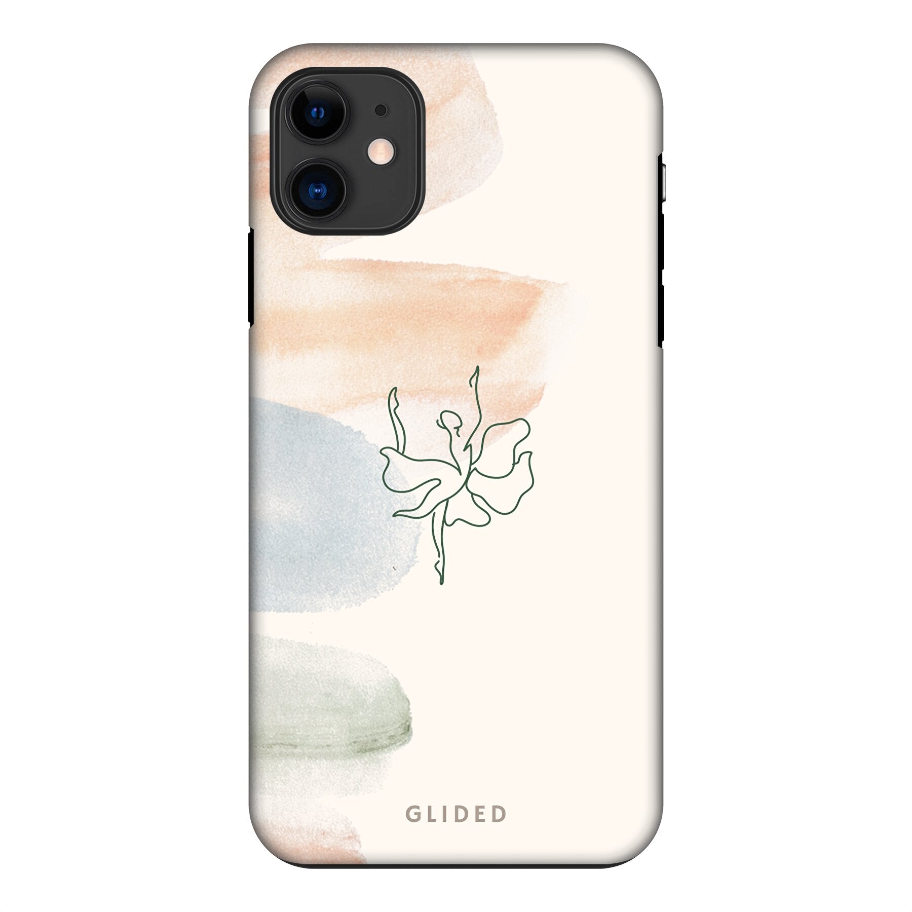 Aquarelle iPhone 11 Handyhülle mit zarten Pastellfarben und einer eleganten Ballerina in der Mitte, die Kunst und Stil vereint.