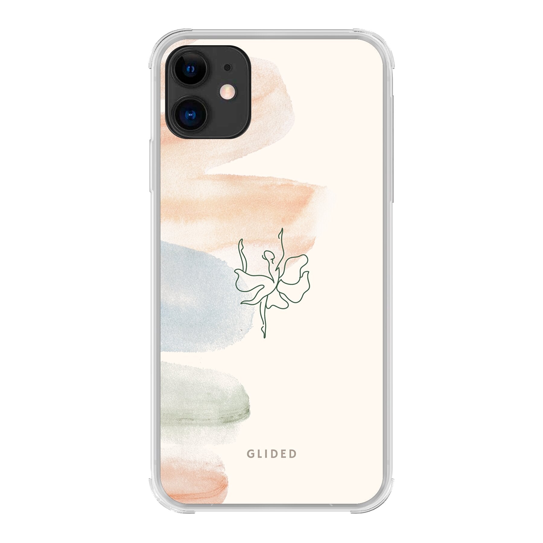 Aquarelle iPhone 11 Handyhülle mit zarten Pastellfarben und einer eleganten Ballerina in der Mitte, die Kunst und Stil vereint.