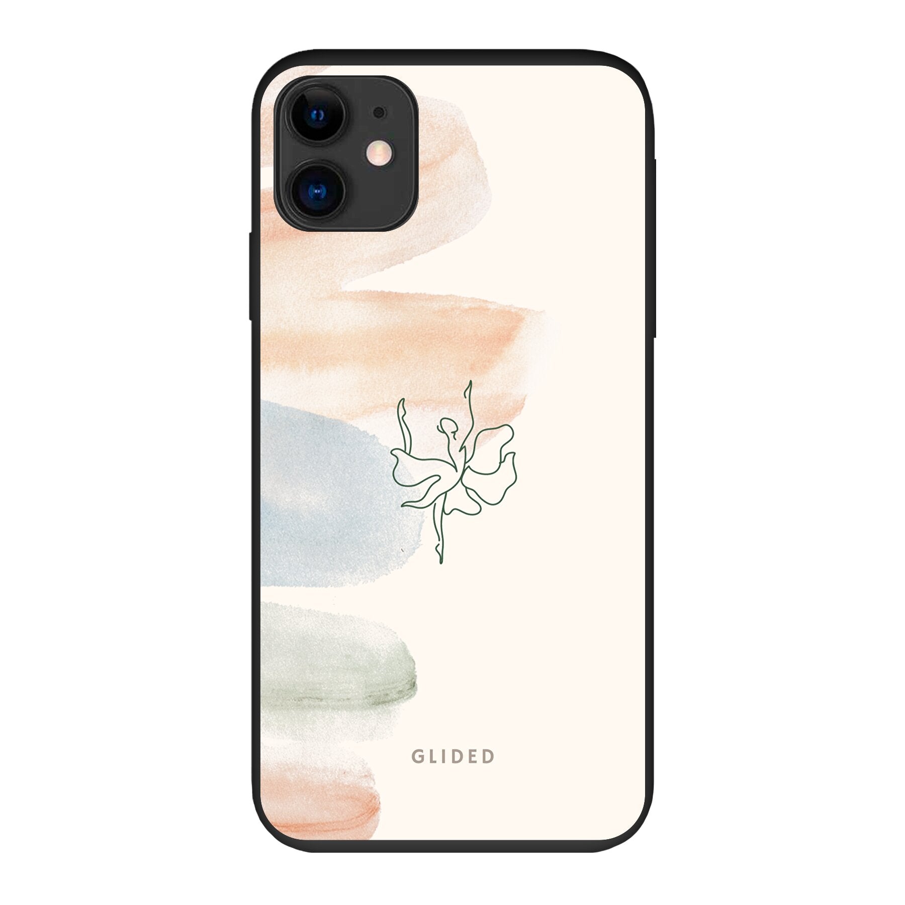 Aquarelle iPhone 11 Handyhülle mit zarten Pastellfarben und einer eleganten Ballerina in der Mitte, die Kunst und Stil vereint.