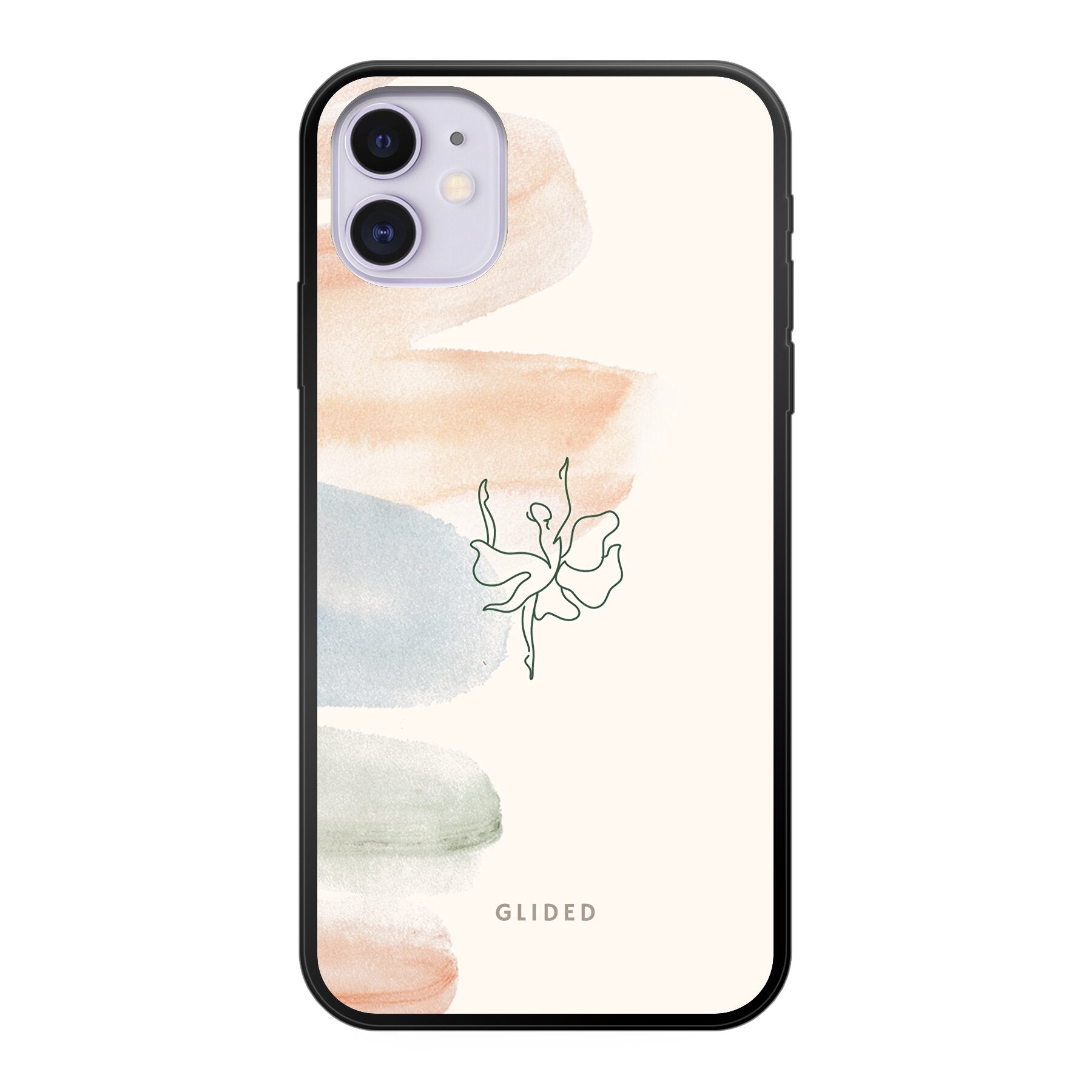 Aquarelle iPhone 11 Handyhülle mit zarten Pastellfarben und einer eleganten Ballerina in der Mitte, die Kunst und Stil vereint.