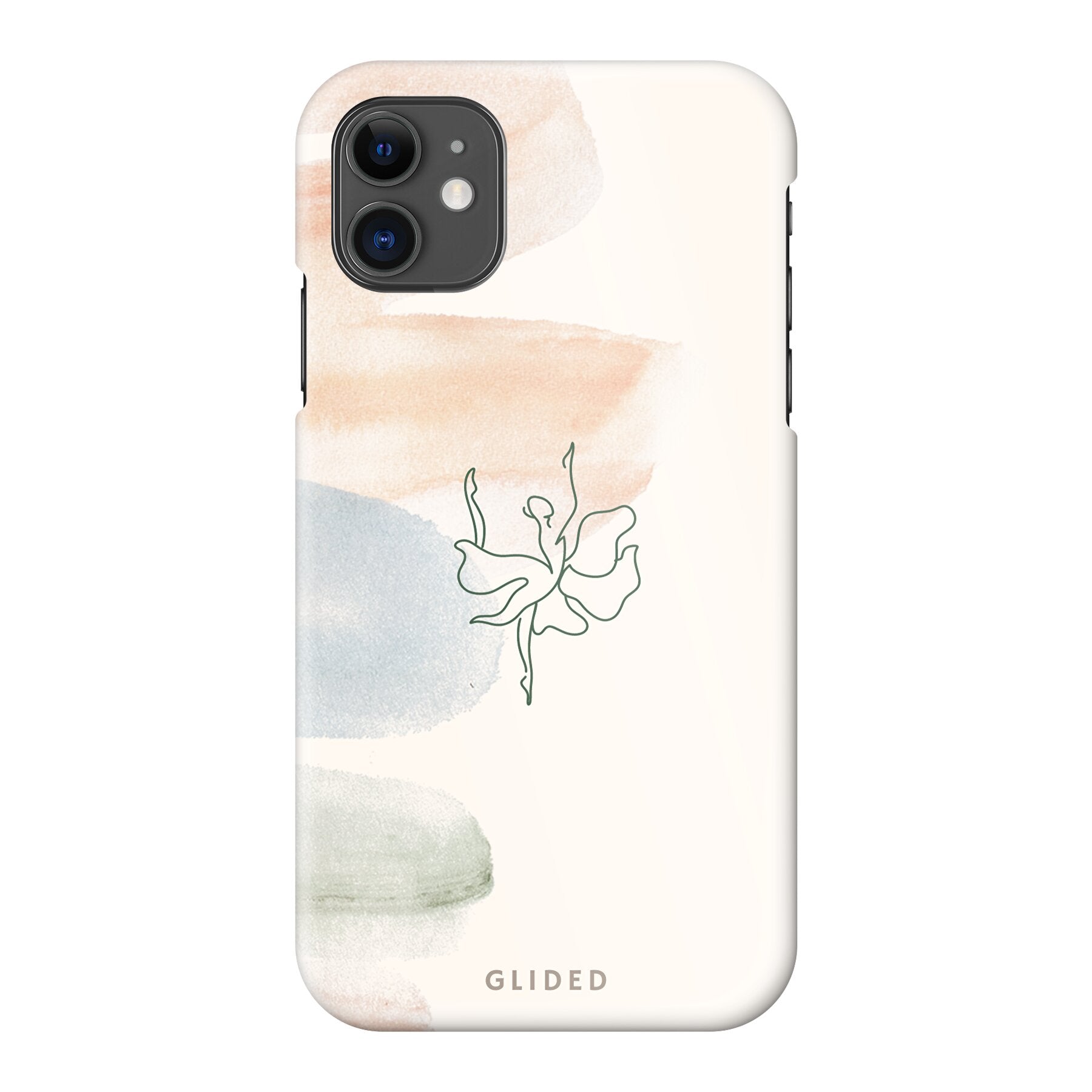 Aquarelle iPhone 11 Handyhülle mit zarten Pastellfarben und einer eleganten Ballerina in der Mitte, die Kunst und Stil vereint.