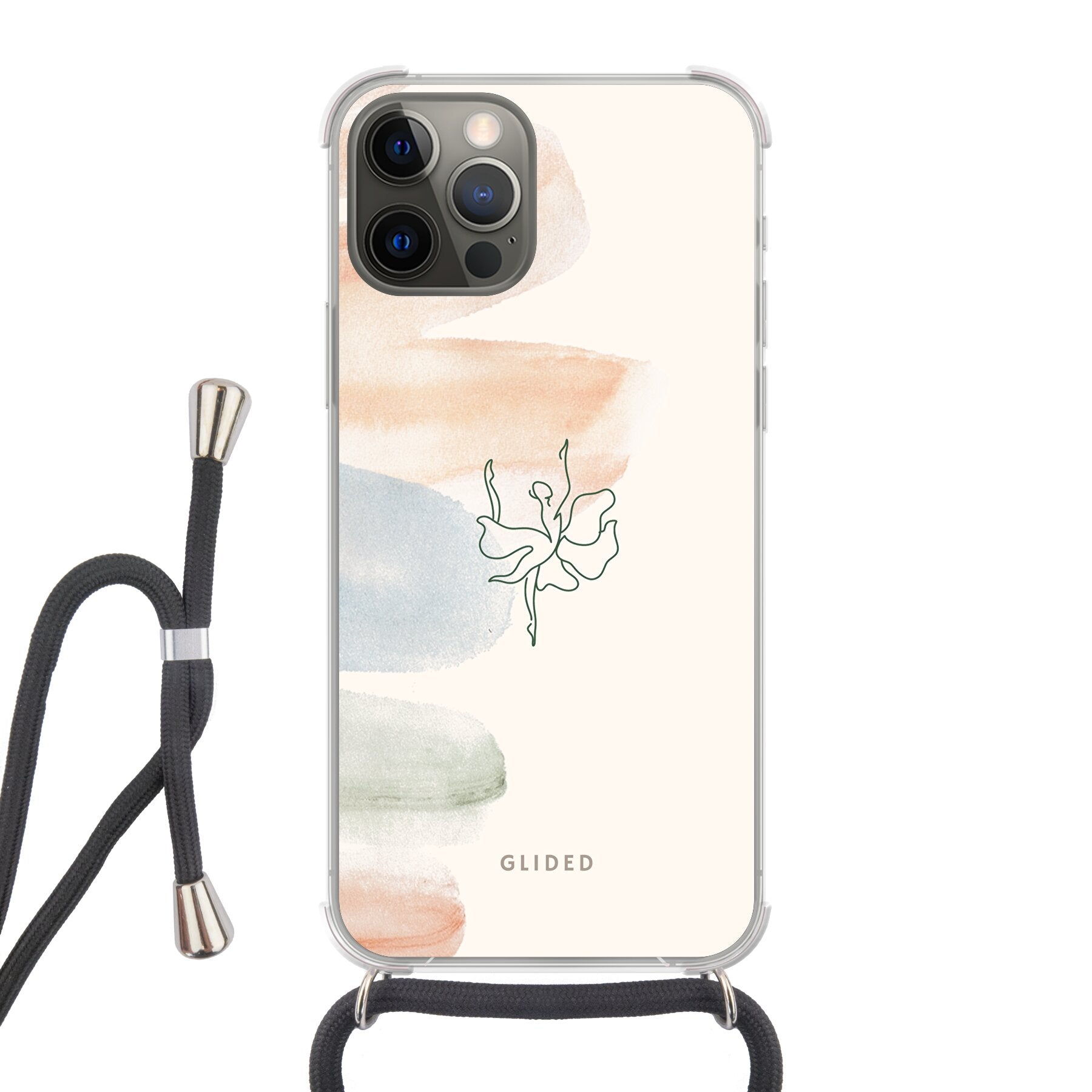 Aquarelle iPhone 12 Pro Handyhülle mit zarten Pastellfarben und einer eleganten Ballerina im Design, ideal für stilvollen Schutz.