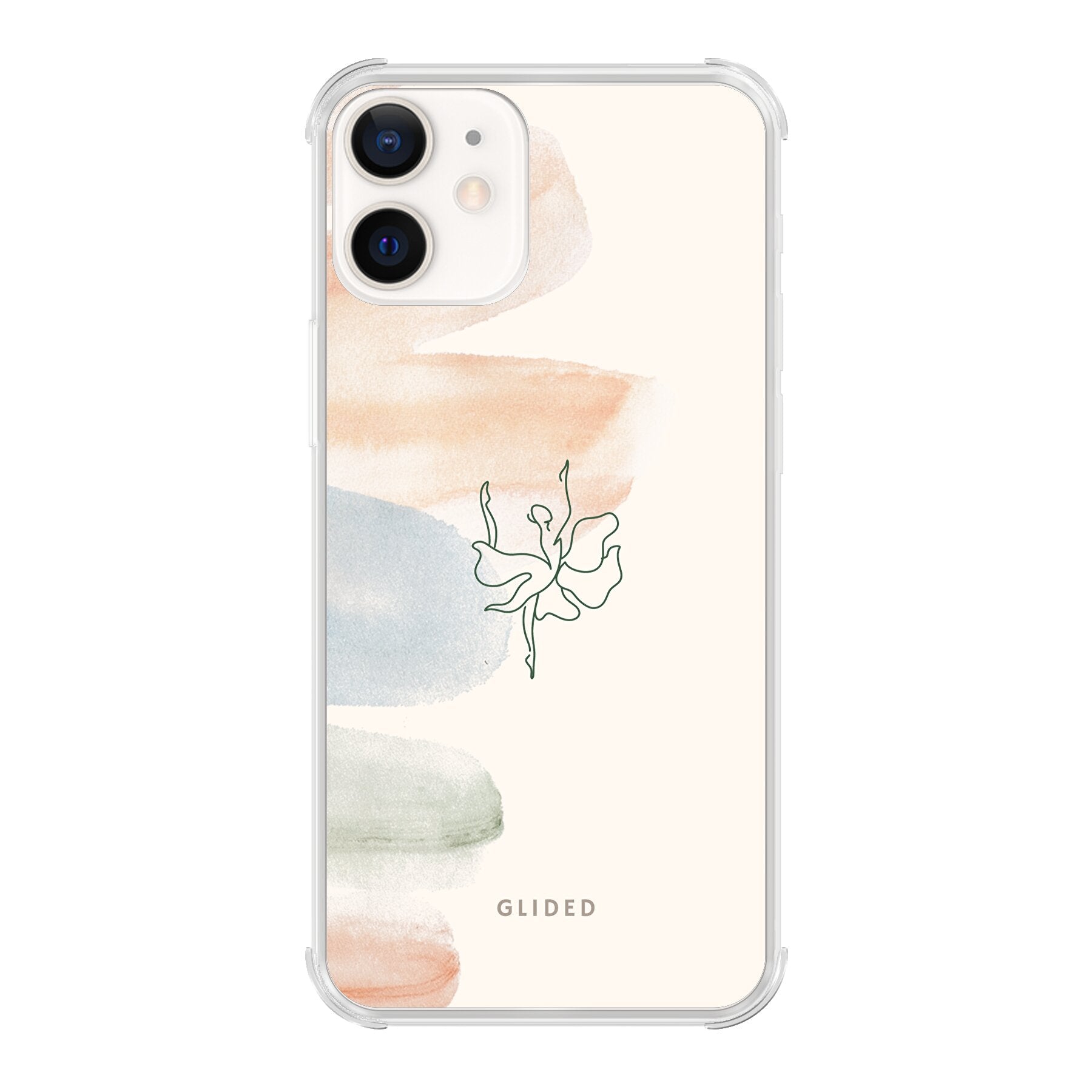 Aquarelle iPhone 12 Pro Handyhülle mit zarten Pastellfarben und einer eleganten Ballerina im Design, ideal für stilvollen Schutz.