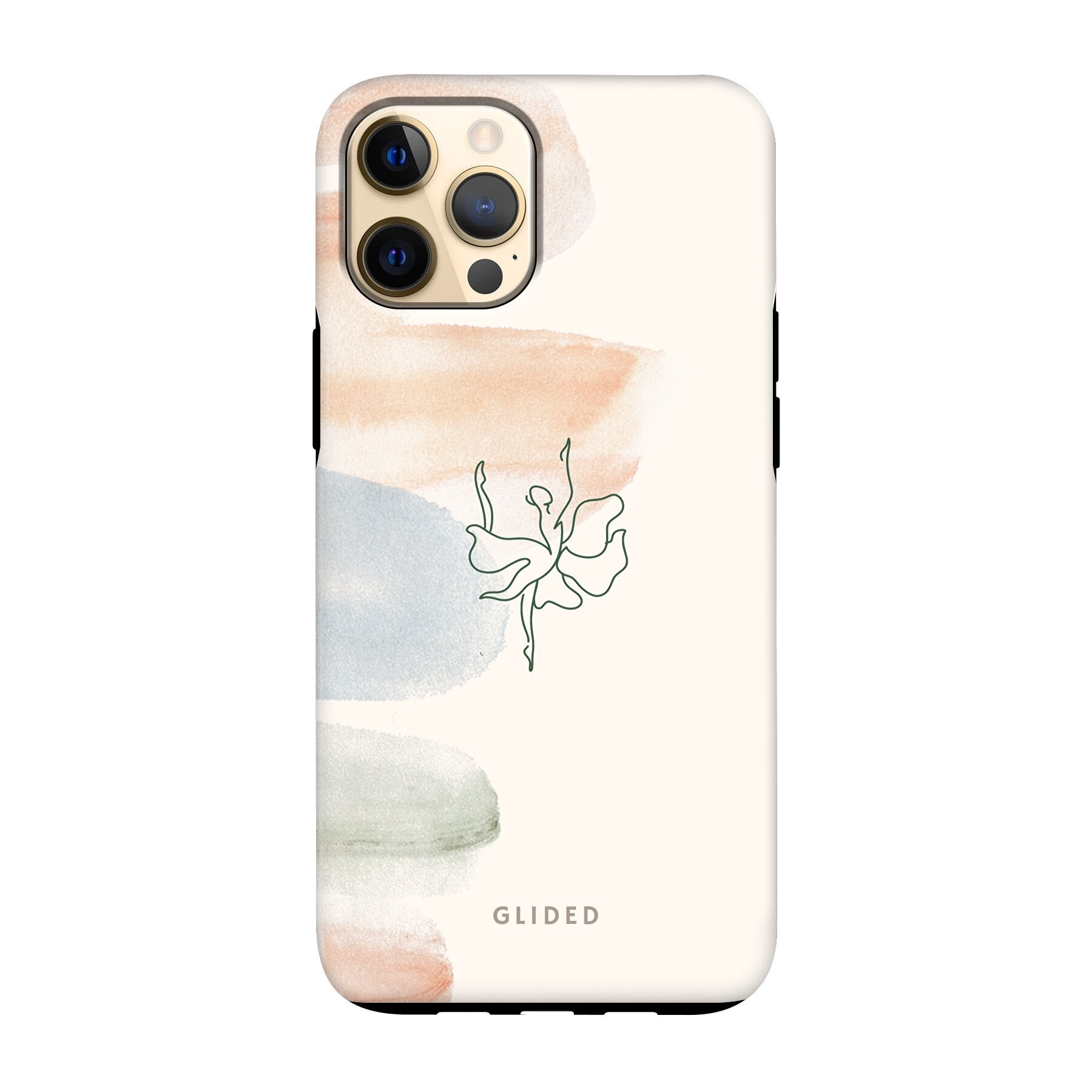 Aquarelle iPhone 12 Pro Max Handyhülle mit zarten Pastellfarben und einer eleganten Ballerina in der Mitte, die Kunst und Stil vereint.