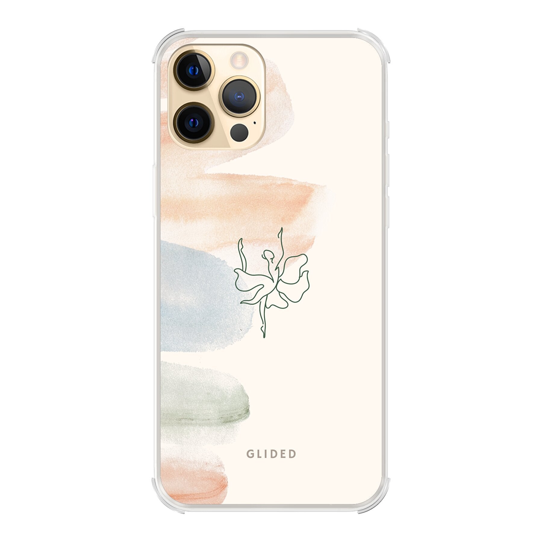 Aquarelle iPhone 12 Pro Max Handyhülle mit zarten Pastellfarben und einer eleganten Ballerina in der Mitte, die Kunst und Stil vereint.