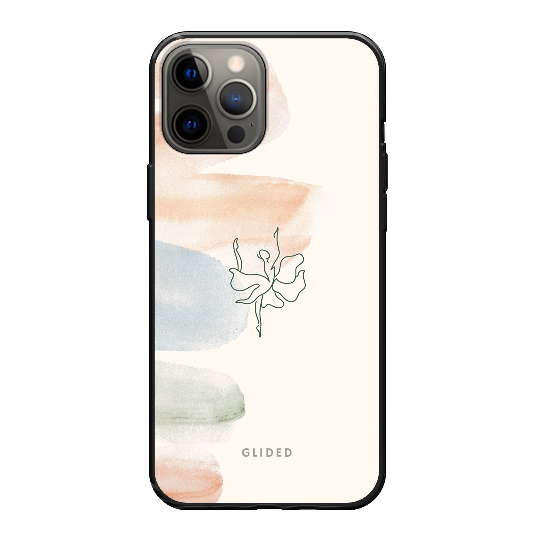 Aquarelle iPhone 12 Pro Max Handyhülle mit zarten Pastellfarben und einer eleganten Ballerina in der Mitte, die Kunst und Stil vereint.