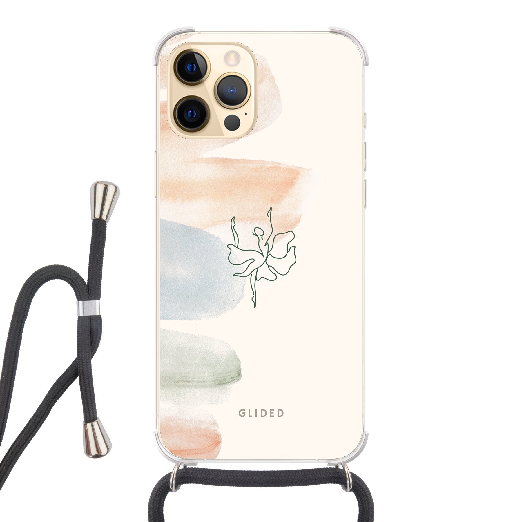 Aquarelle iPhone 12 Pro Max Handyhülle mit zarten Pastellfarben und einer eleganten Ballerina in der Mitte, die Kunst und Stil vereint.