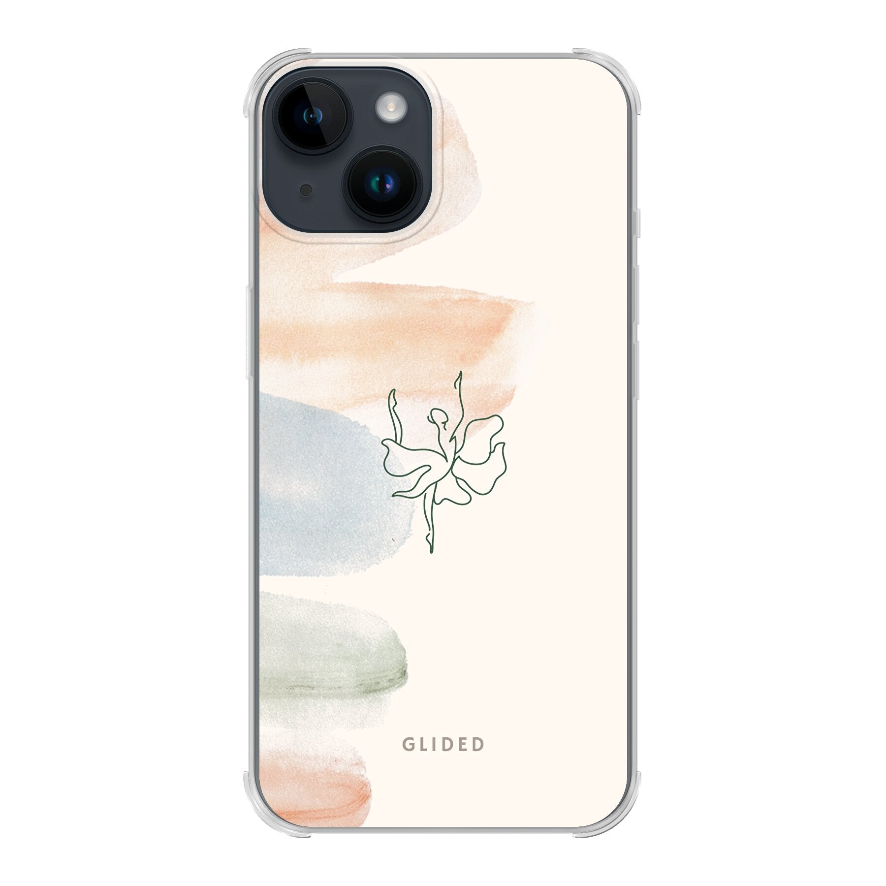 Aquarelle iPhone 14 Handyhülle mit zarten Pastellfarben und einer eleganten Ballerina, die Kunst und Stil vereint.