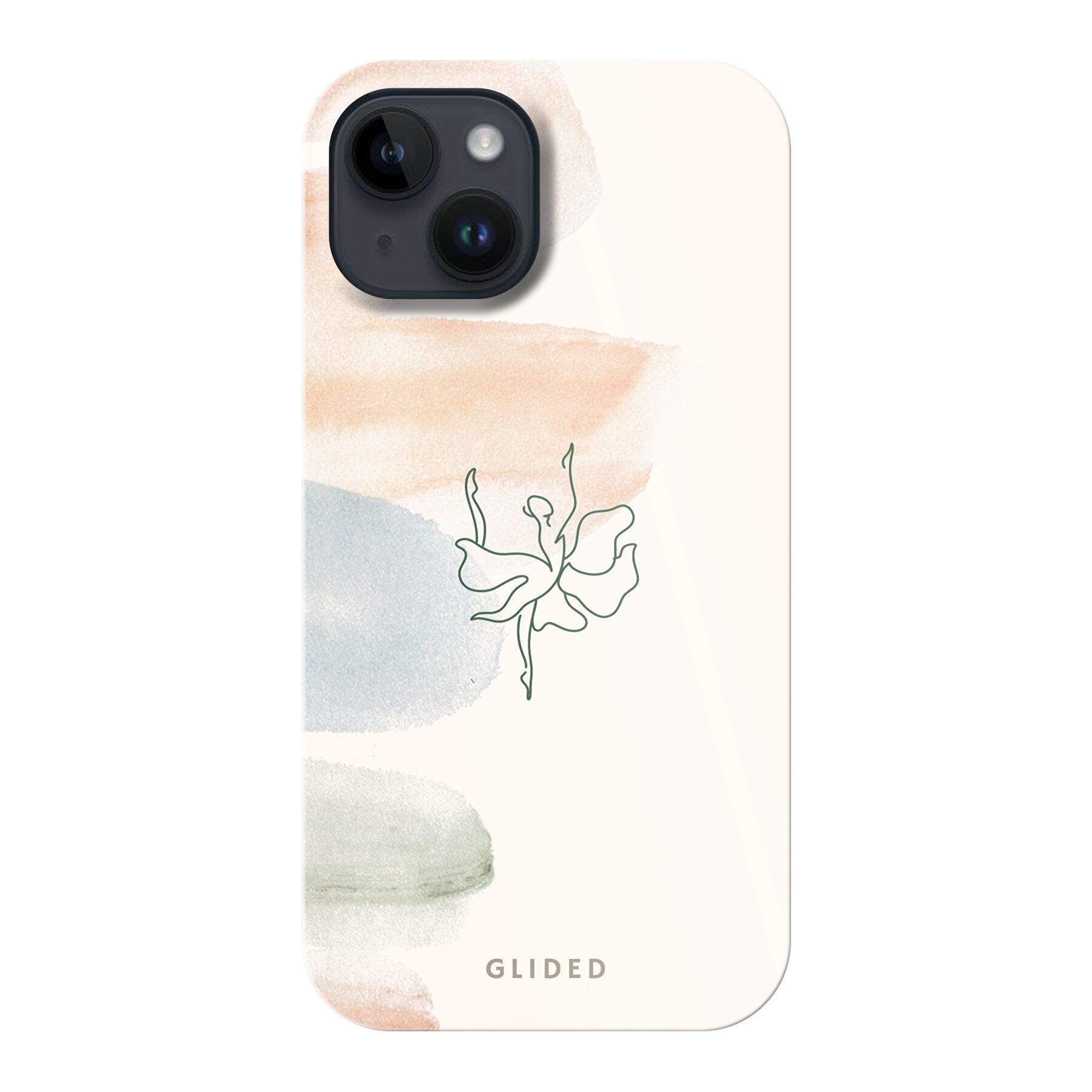 Aquarelle iPhone 14 Handyhülle mit zarten Pastellfarben und einer eleganten Ballerina, die Kunst und Stil vereint.