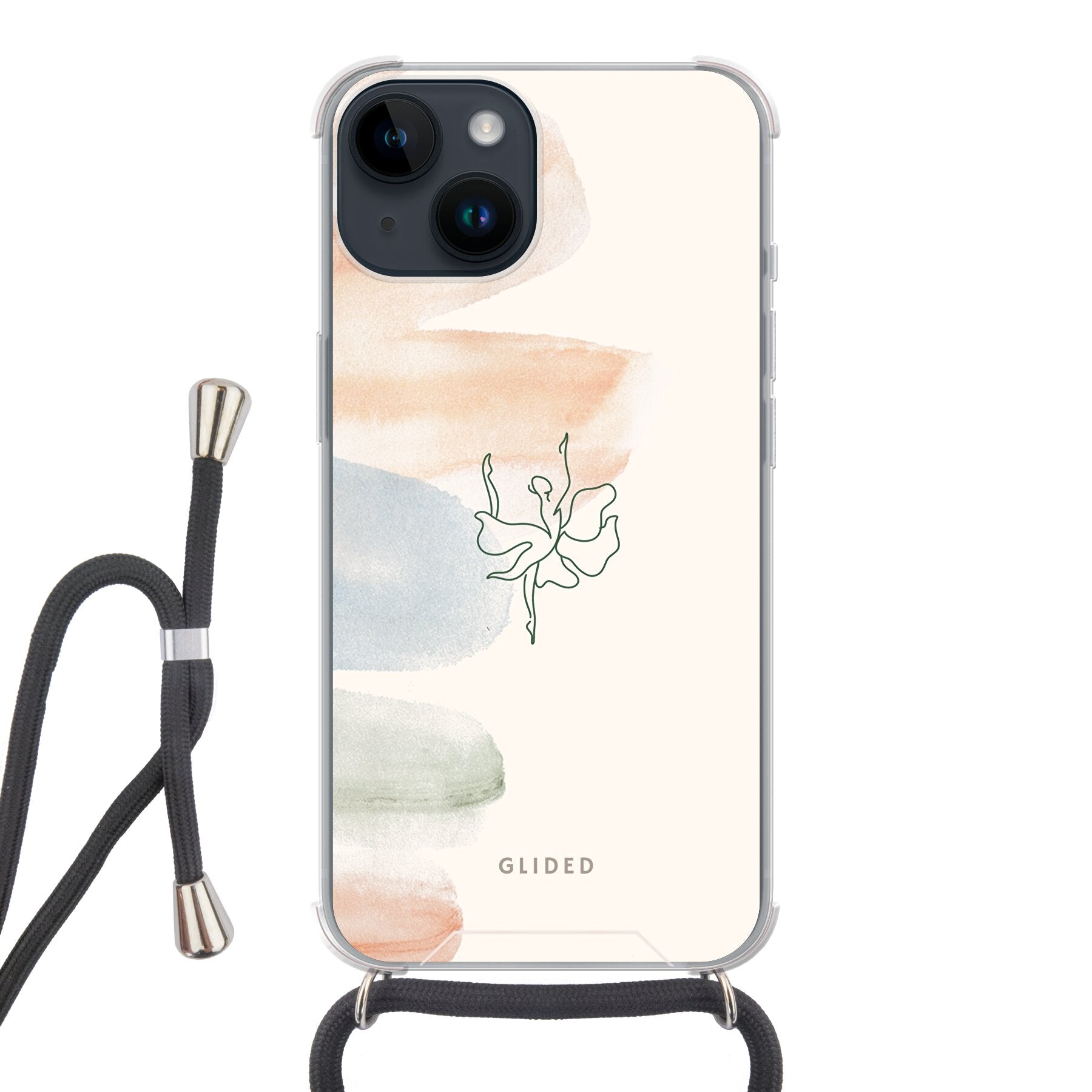 Aquarelle iPhone 14 Handyhülle mit zarten Pastellfarben und einer eleganten Ballerina, die Kunst und Stil vereint.