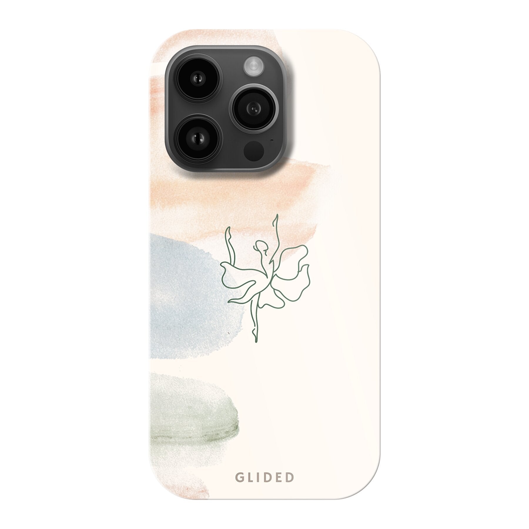 Aquarelle iPhone 14 Pro Handyhülle mit zarten Pastellfarben und einer eleganten Ballerina, die Kunst und Stil vereint.