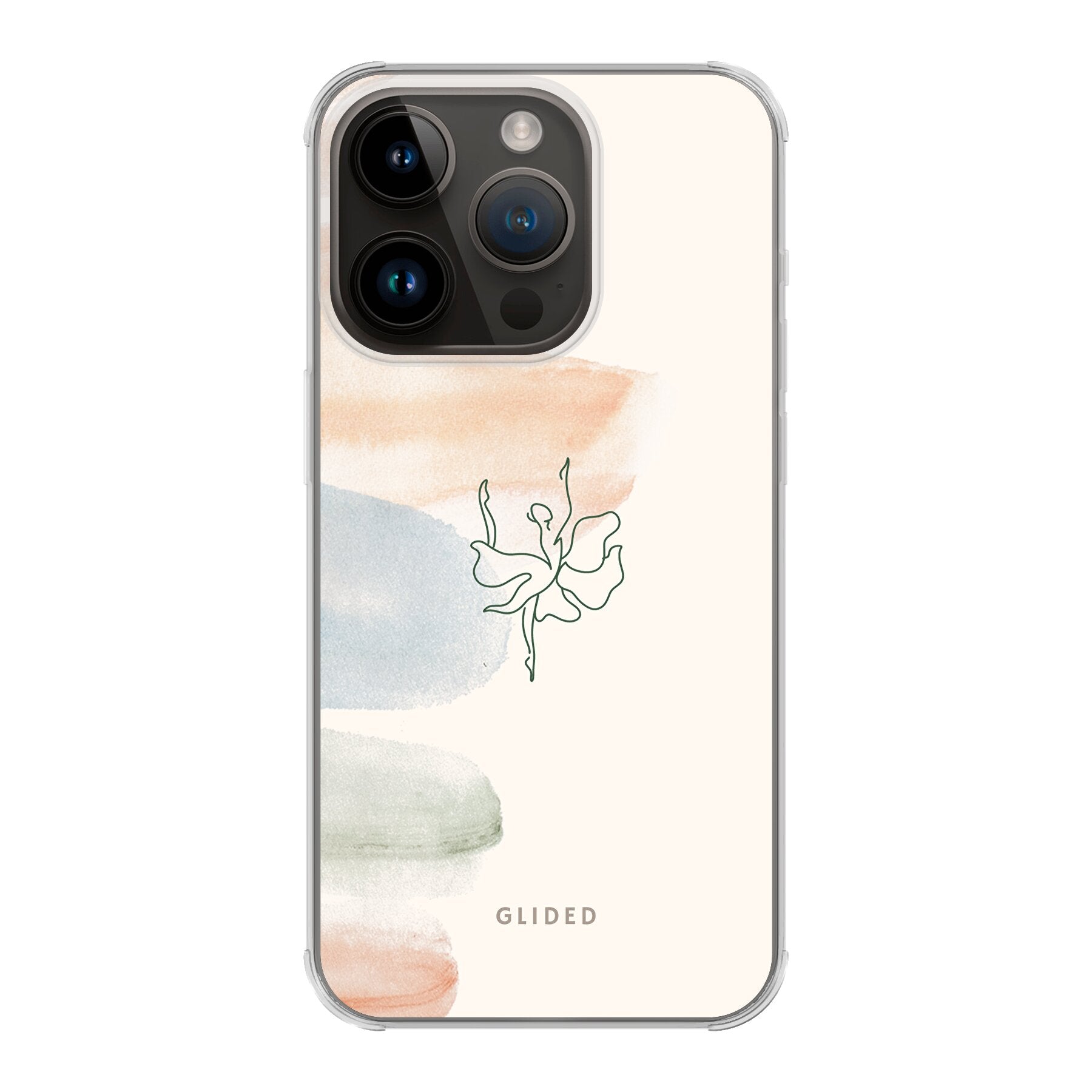 Aquarelle iPhone 14 Pro Handyhülle mit zarten Pastellfarben und einer eleganten Ballerina, die Kunst und Stil vereint.