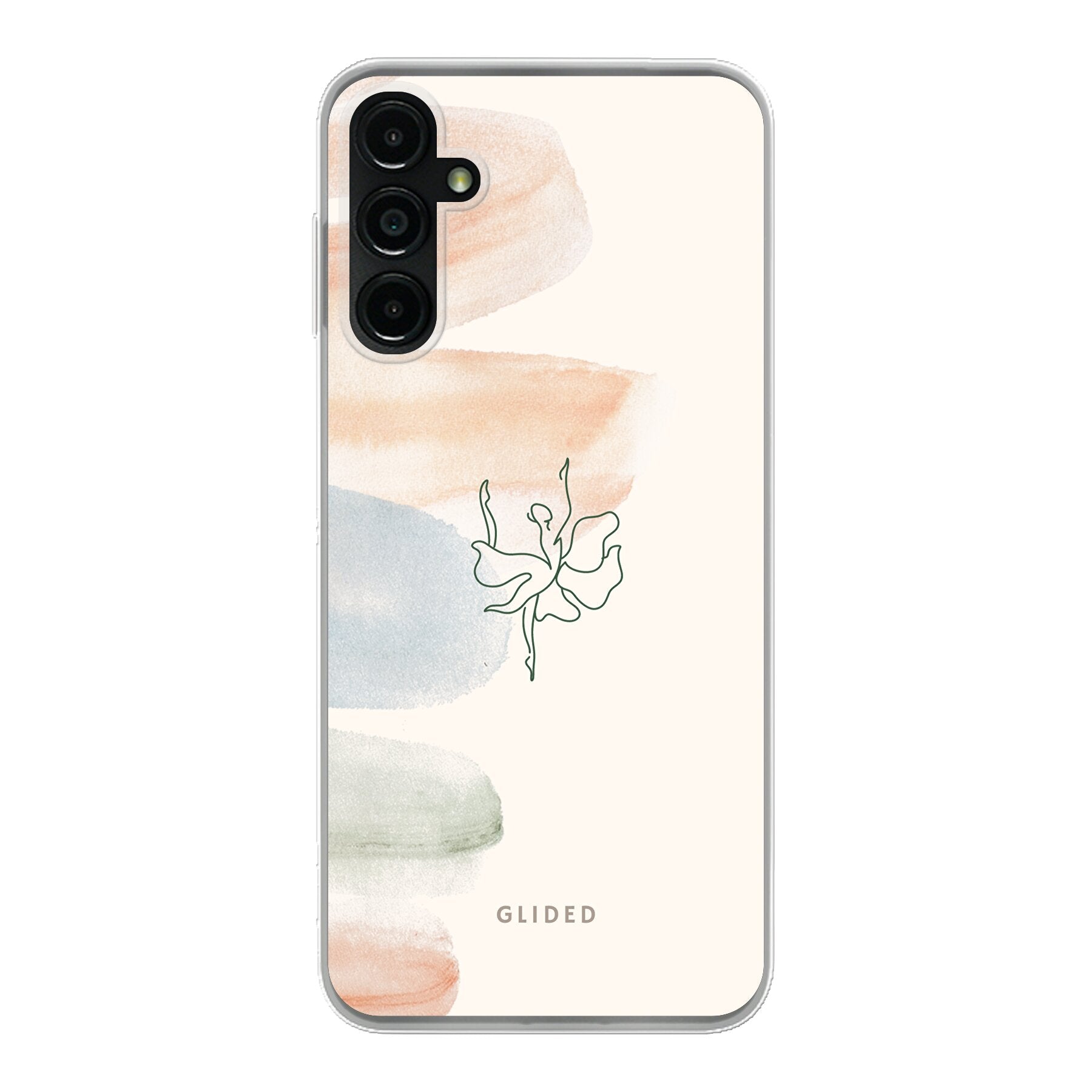 Aquarelle Handyhülle für Samsung Galaxy A14 5G mit zarten Pastellfarben und einer eleganten Ballerina in der Mitte.