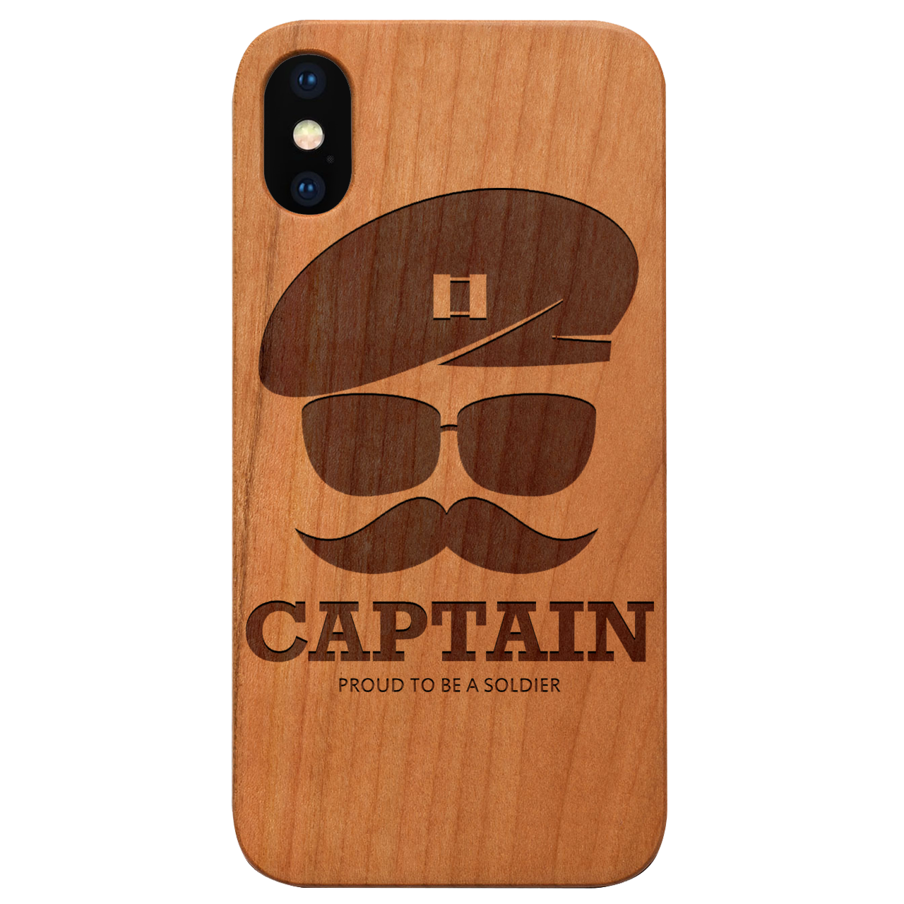 Engraved wooden phone case featuring Army Rank Captain design, showcasing natural wood finish and durable construction.