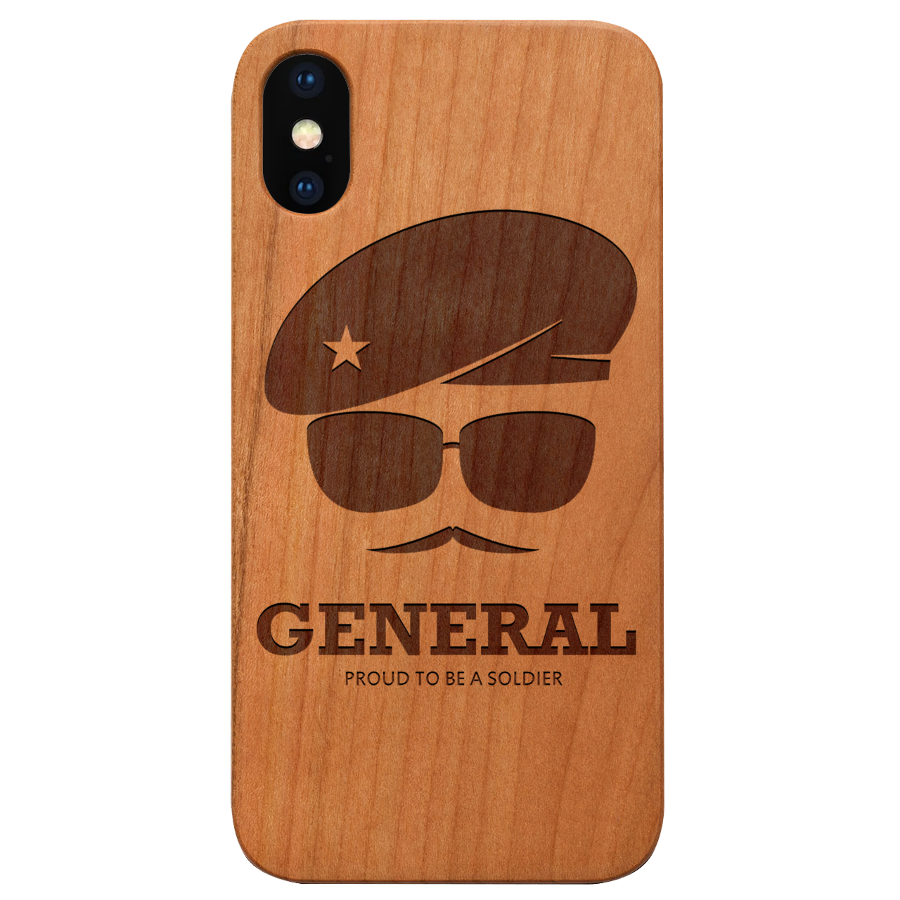 Army Rank General engraved wooden phone case with rubber bumper, showcasing durability and style.