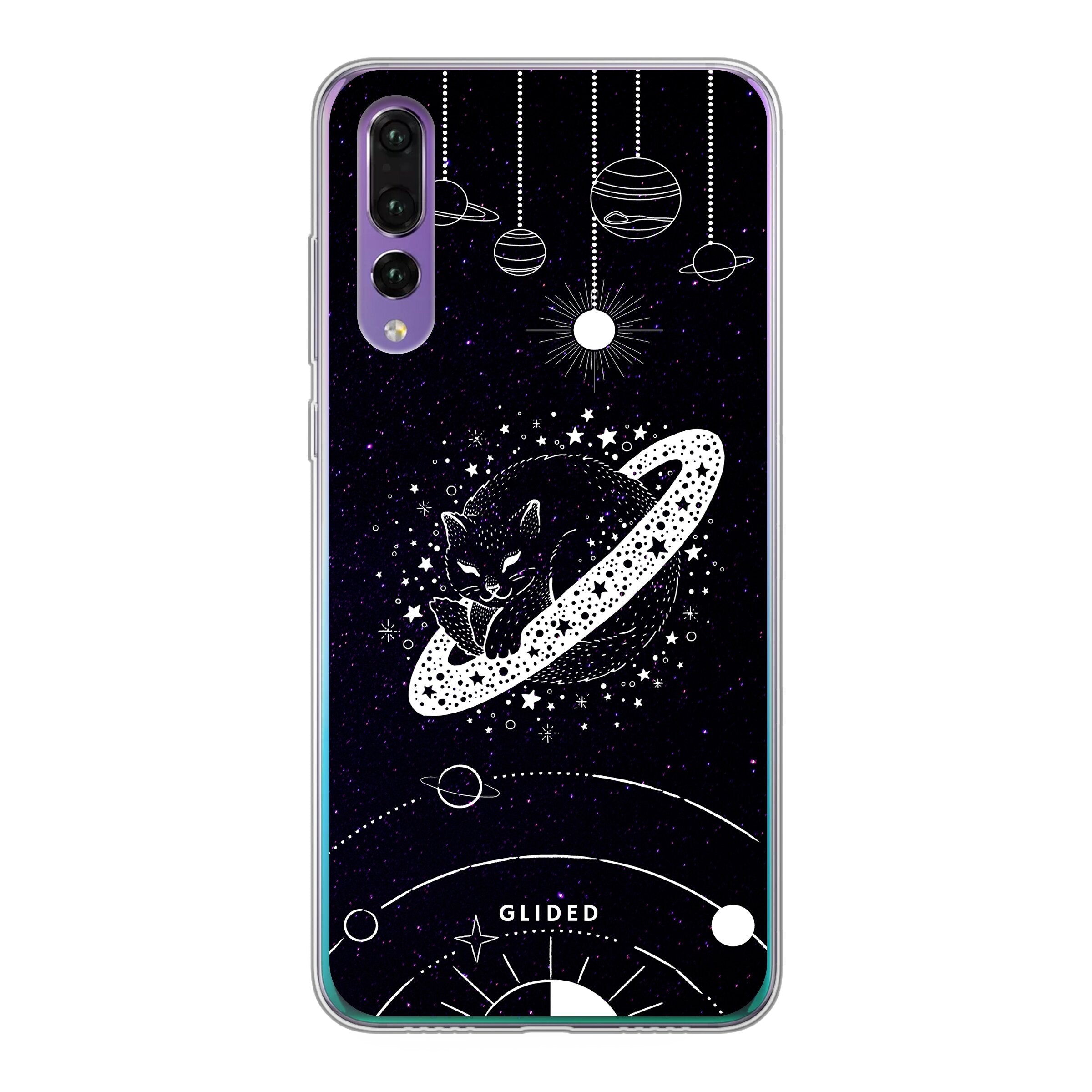 Astro Whiskers Huawei P30 Handyhülle mit einer eleganten Katze auf einem dunklen, mystischen Hintergrund, umgeben von Weltraum-Elementen.