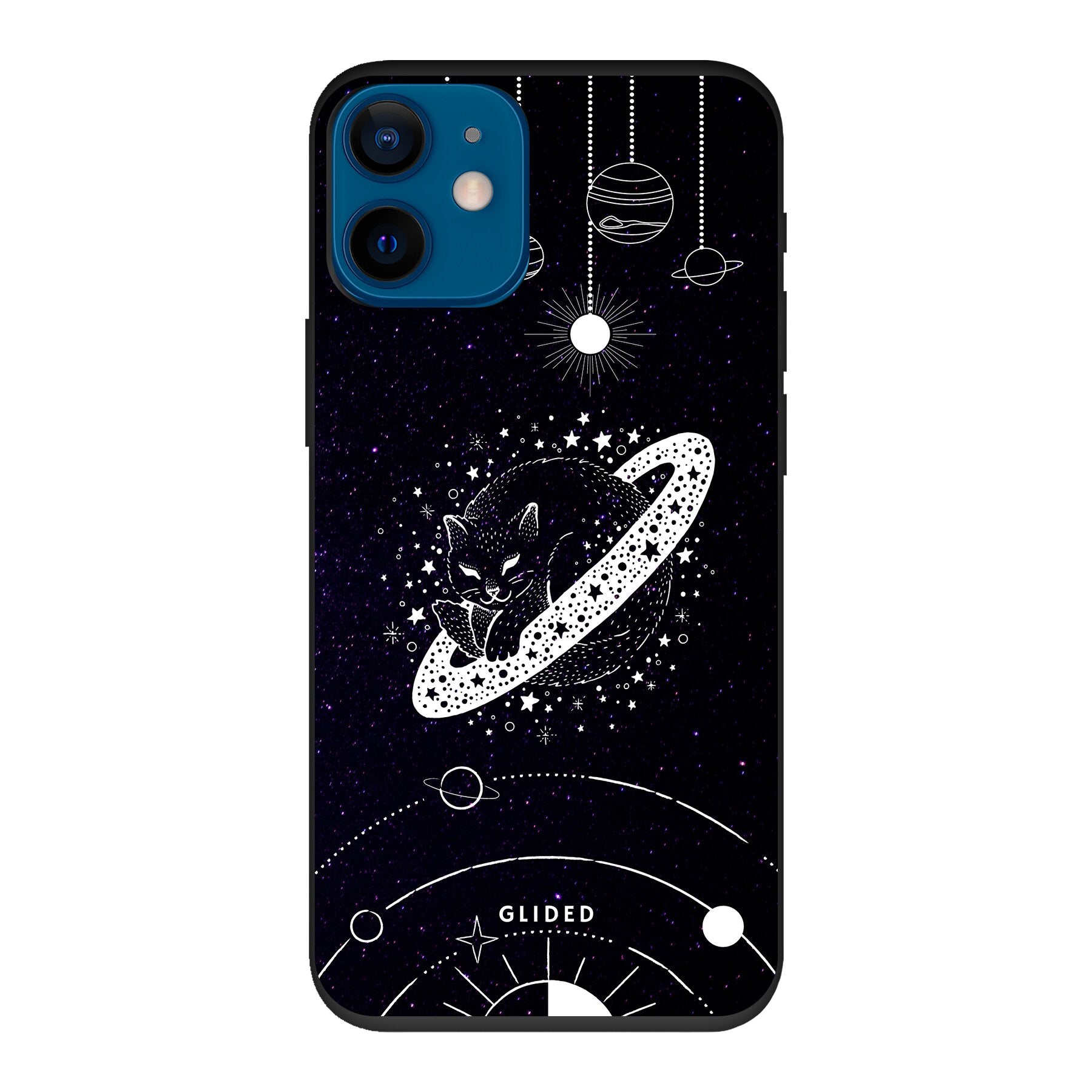 Astro Whiskers iPhone 12 mini Hülle mit einer eleganten Katze auf einem dunklen, mystischen Hintergrund, umgeben von Weltraum-Elementen.