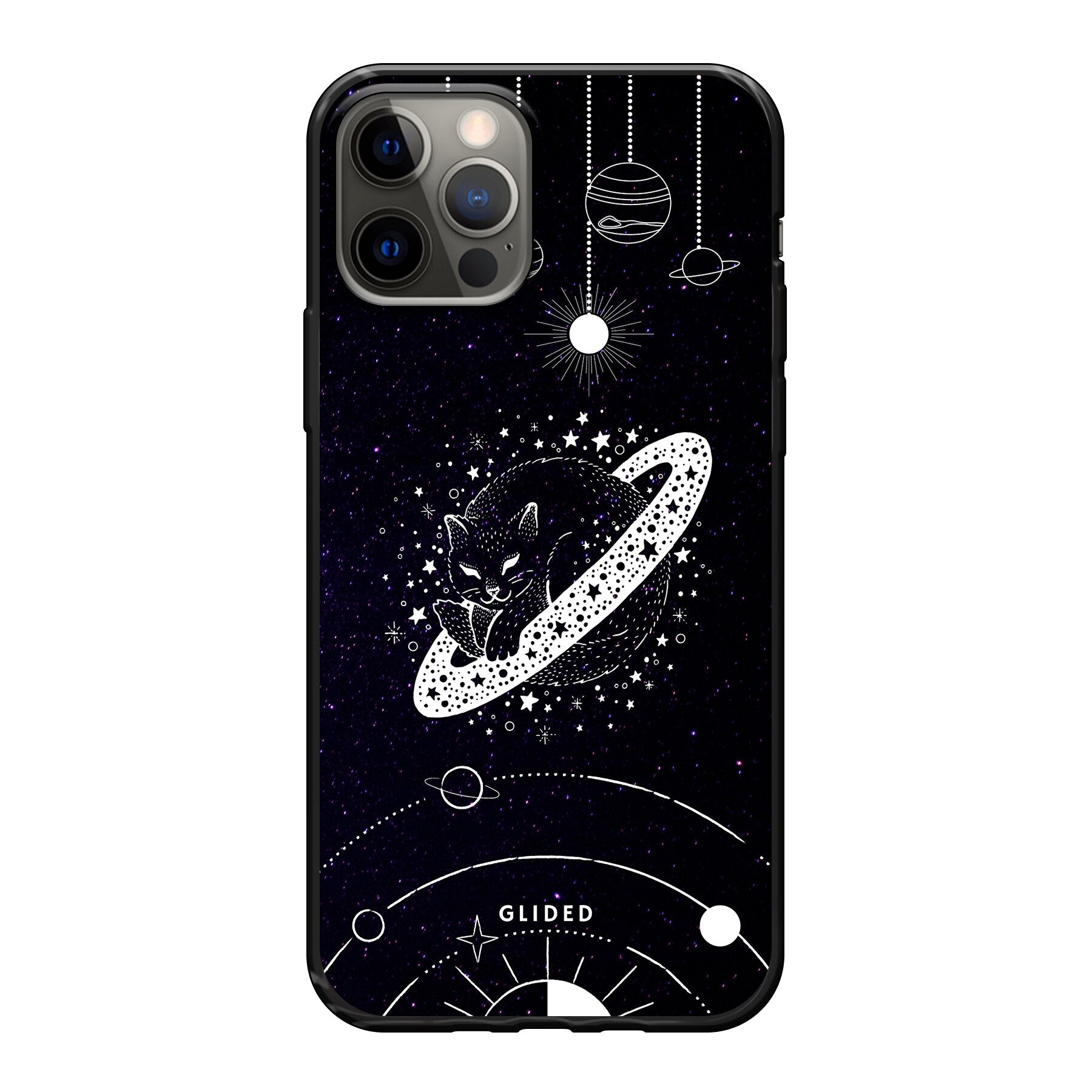 Astro Whiskers iPhone 12 Pro Handyhülle mit einer eleganten Katze vor einem mystischen Weltraumhintergrund.