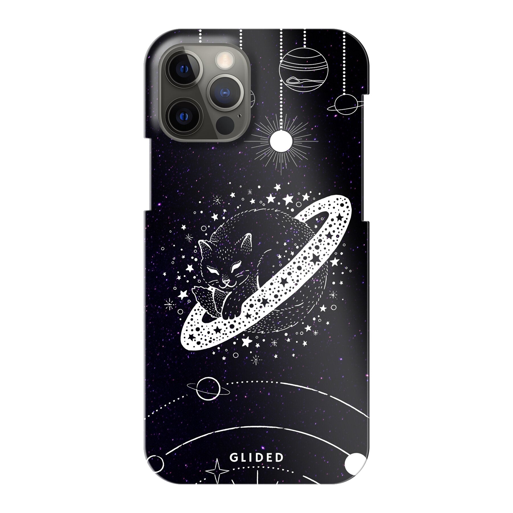 Astro Whiskers iPhone 12 Pro Handyhülle mit einer eleganten Katze vor einem mystischen Weltraumhintergrund.