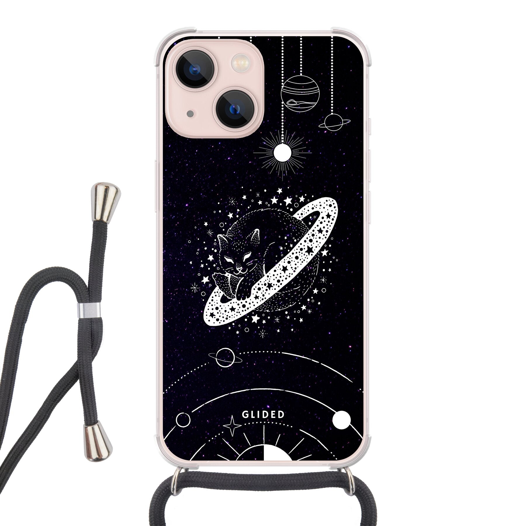 Astro Whiskers iPhone 13 Handyhülle mit einer eleganten Katze vor einem mystischen Weltraumhintergrund.