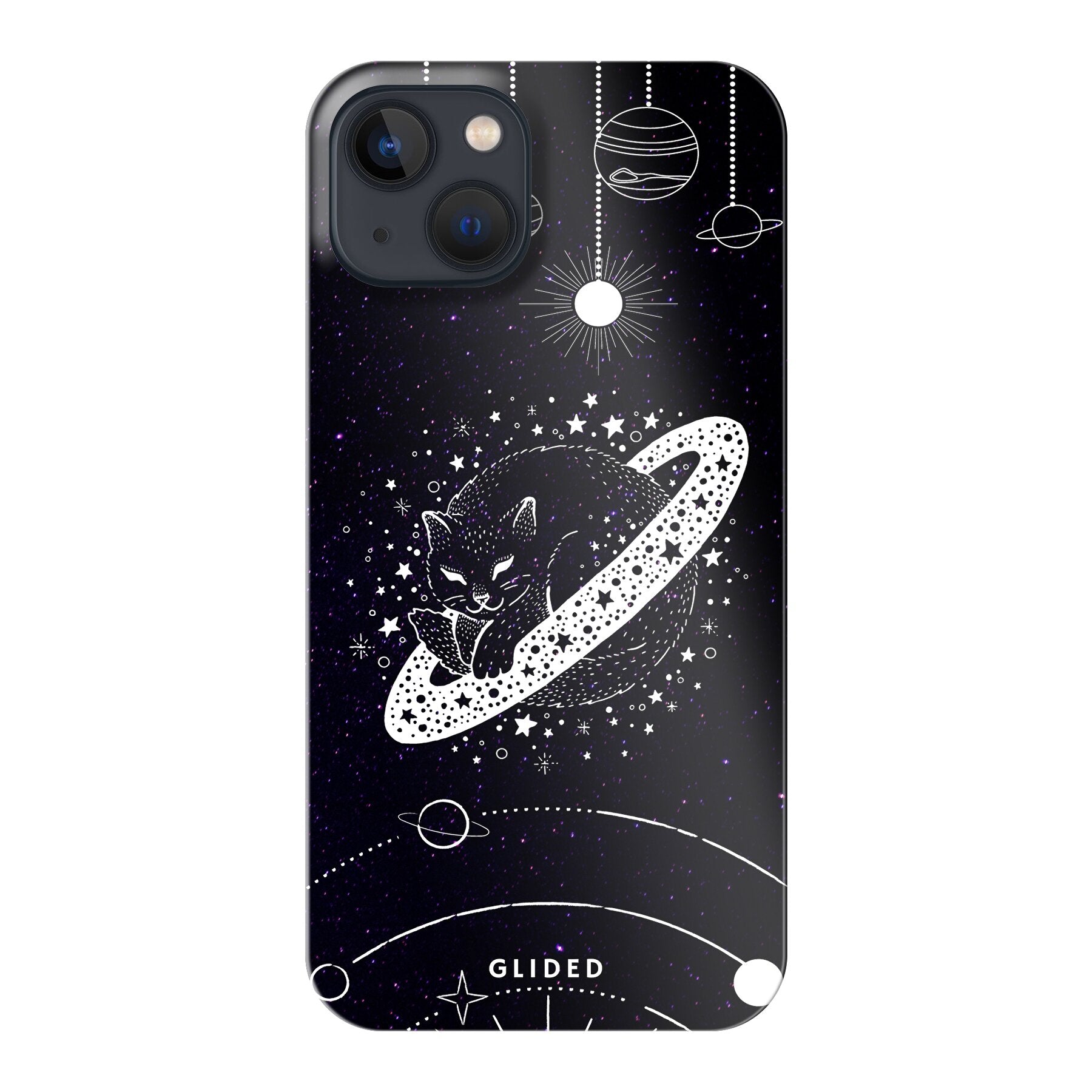 Astro Whiskers iPhone 13 Handyhülle mit einer eleganten Katze vor einem mystischen Weltraumhintergrund.