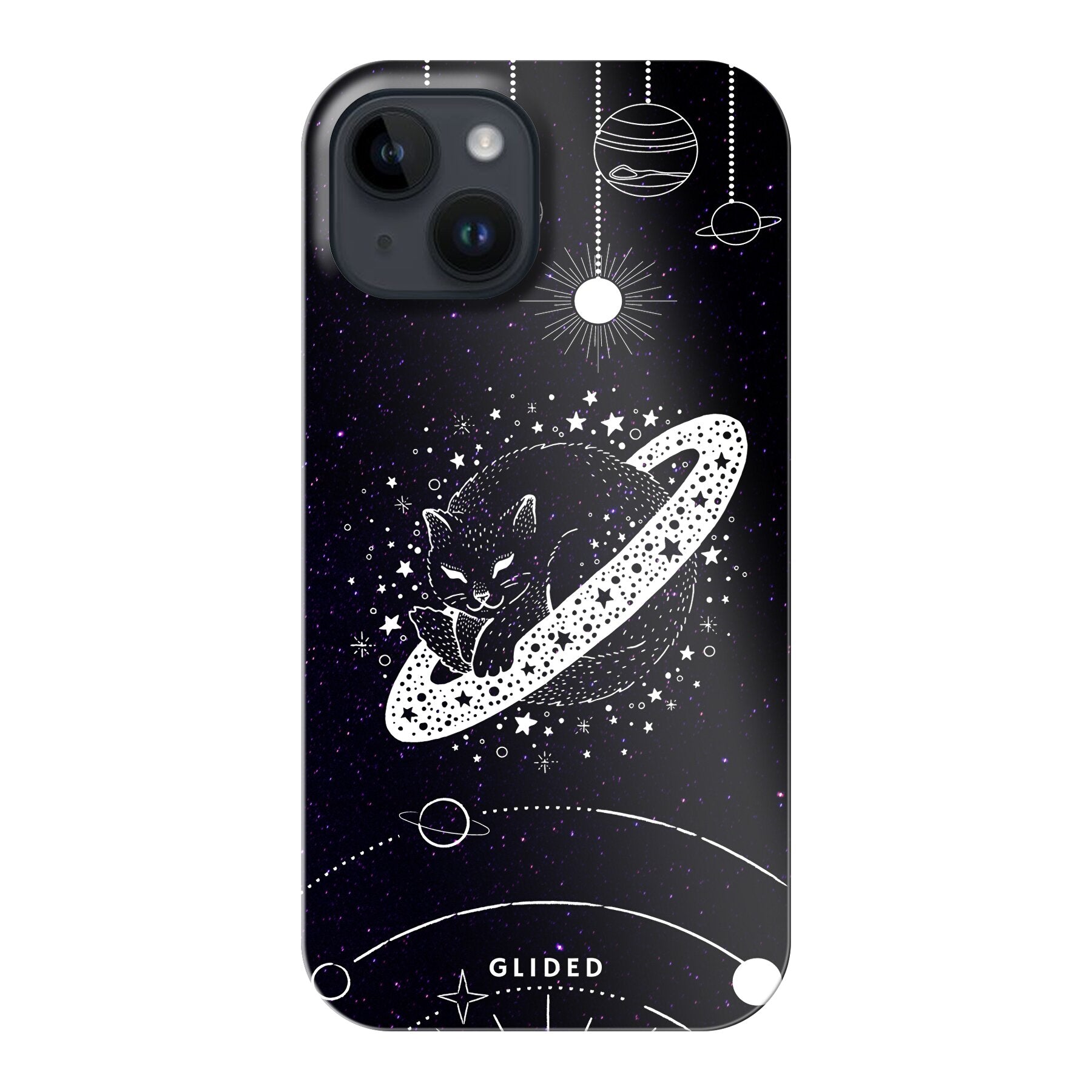 Astro Whiskers iPhone 14 Handyhülle mit einer eleganten Katze auf einem dunklen, mystischen Hintergrund, umgeben von Weltraum-Elementen.