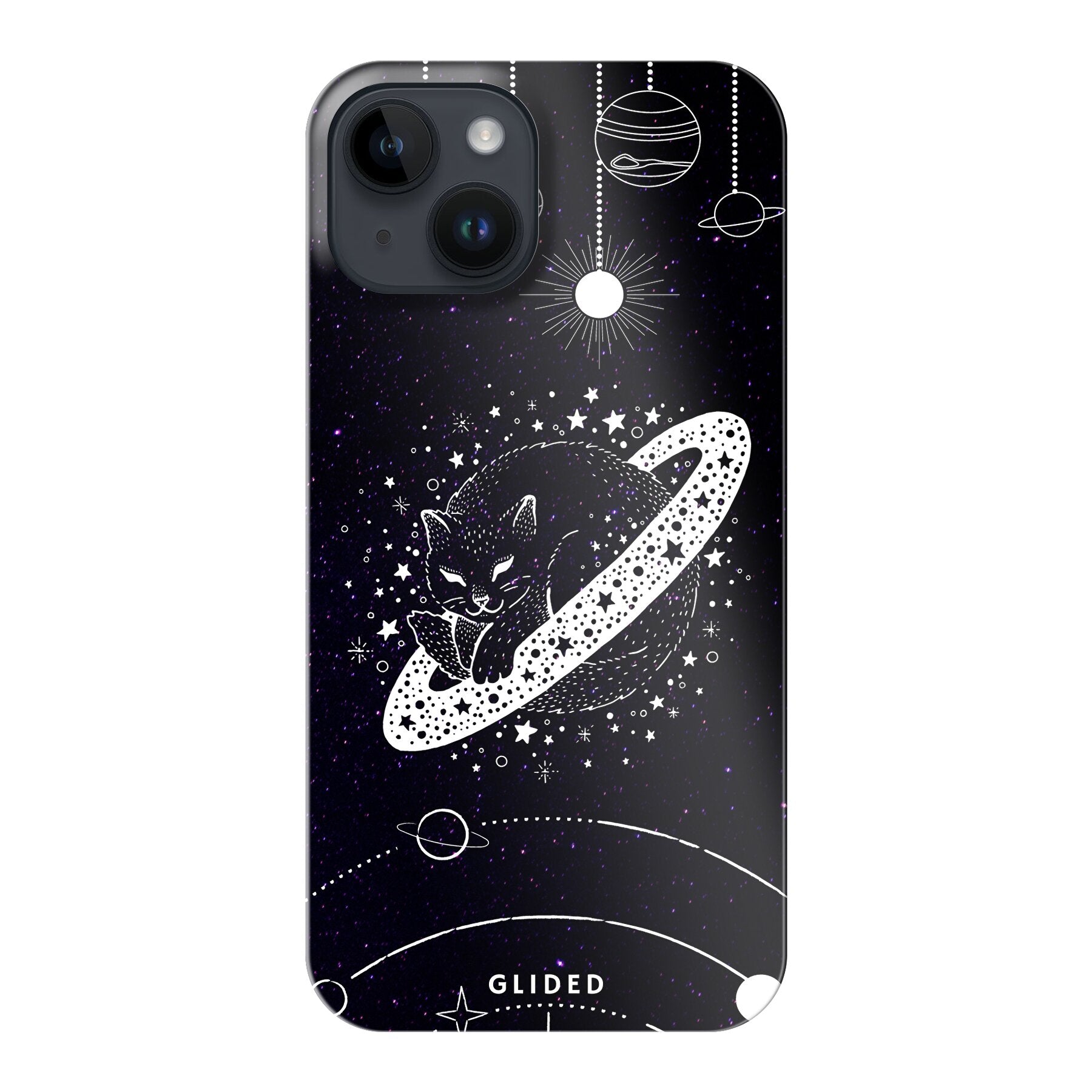 Astro Whiskers iPhone 14 Handyhülle mit einer eleganten Katze auf einem dunklen, mystischen Hintergrund, umgeben von Weltraum-Elementen.