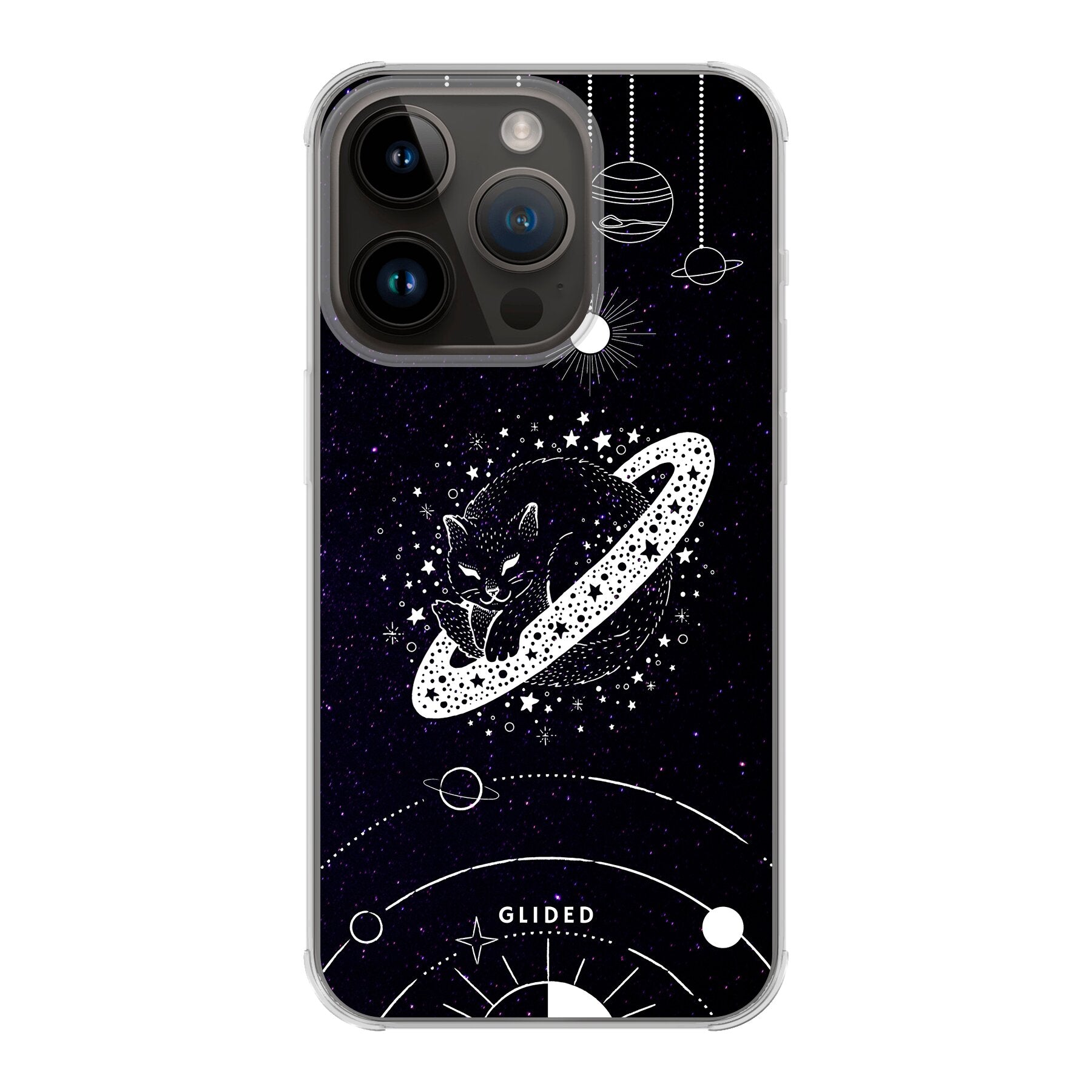 Astro Whiskers iPhone 14 Pro Handyhülle mit einer eleganten Katze vor einem mystischen Weltraumhintergrund.