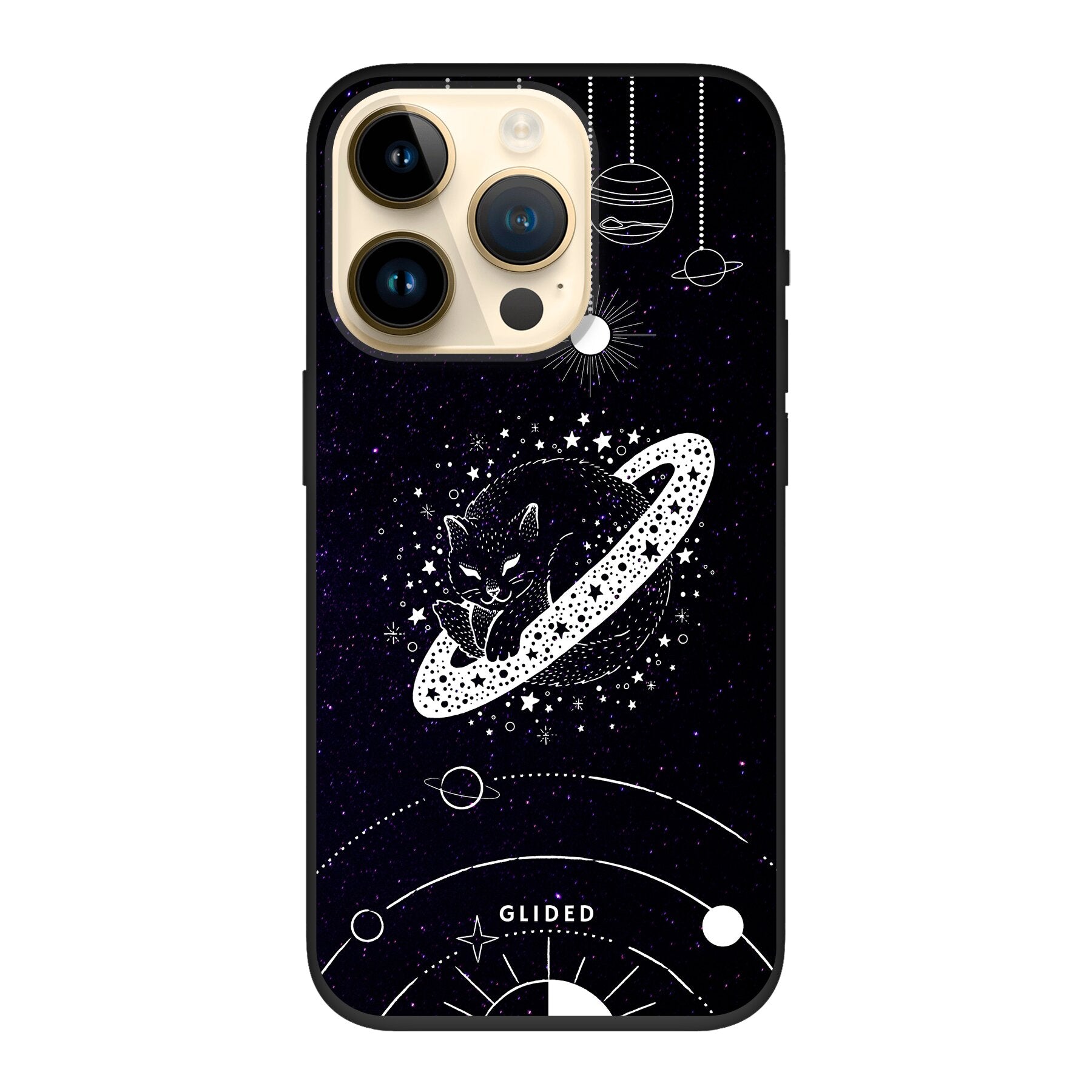 Astro Whiskers iPhone 14 Pro Handyhülle mit einer eleganten Katze vor einem mystischen Weltraumhintergrund.