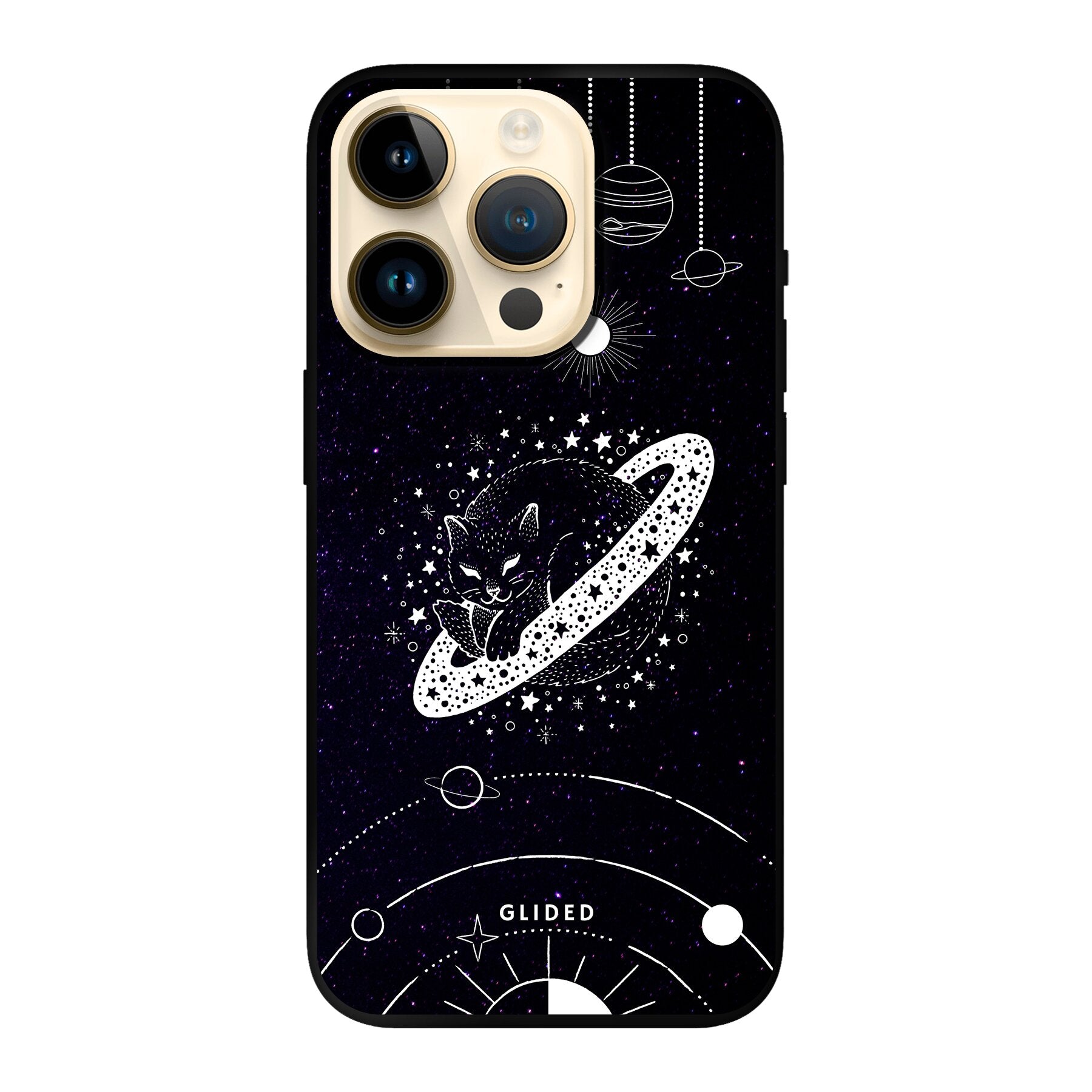 Astro Whiskers iPhone 14 Pro Handyhülle mit einer eleganten Katze vor einem mystischen Weltraumhintergrund.