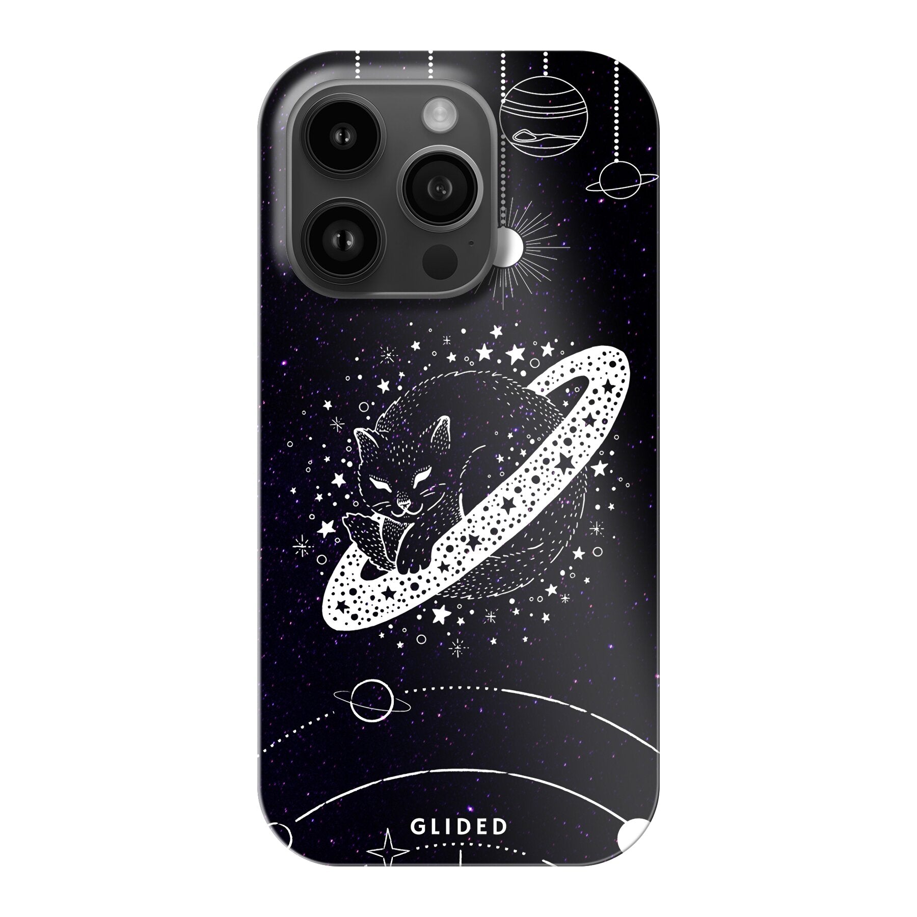 Astro Whiskers iPhone 14 Pro Handyhülle mit einer eleganten Katze vor einem mystischen Weltraumhintergrund.